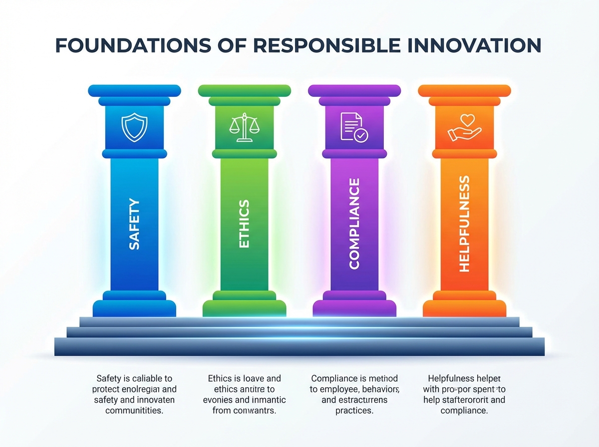 A modern infographic showing four pillars labeled with symbols for safety, ethics, compliance, and helpfulness, vibrant colors, professional layout, clean design, 4:3