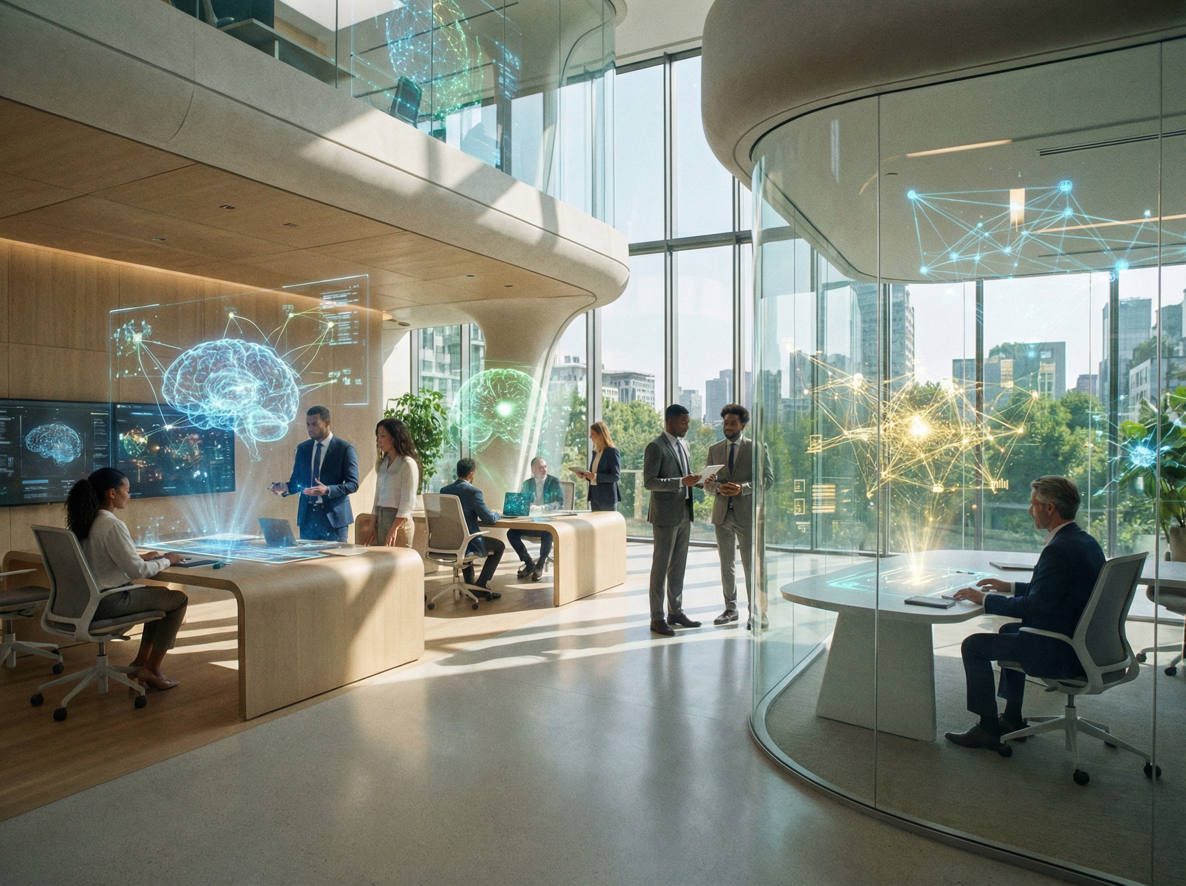 A futuristic and clean office setting with advanced AI technology holographic displays showing data connections and neural networks, professional atmosphere, bright natural lighting, 4:3 aspect ratio, no text
