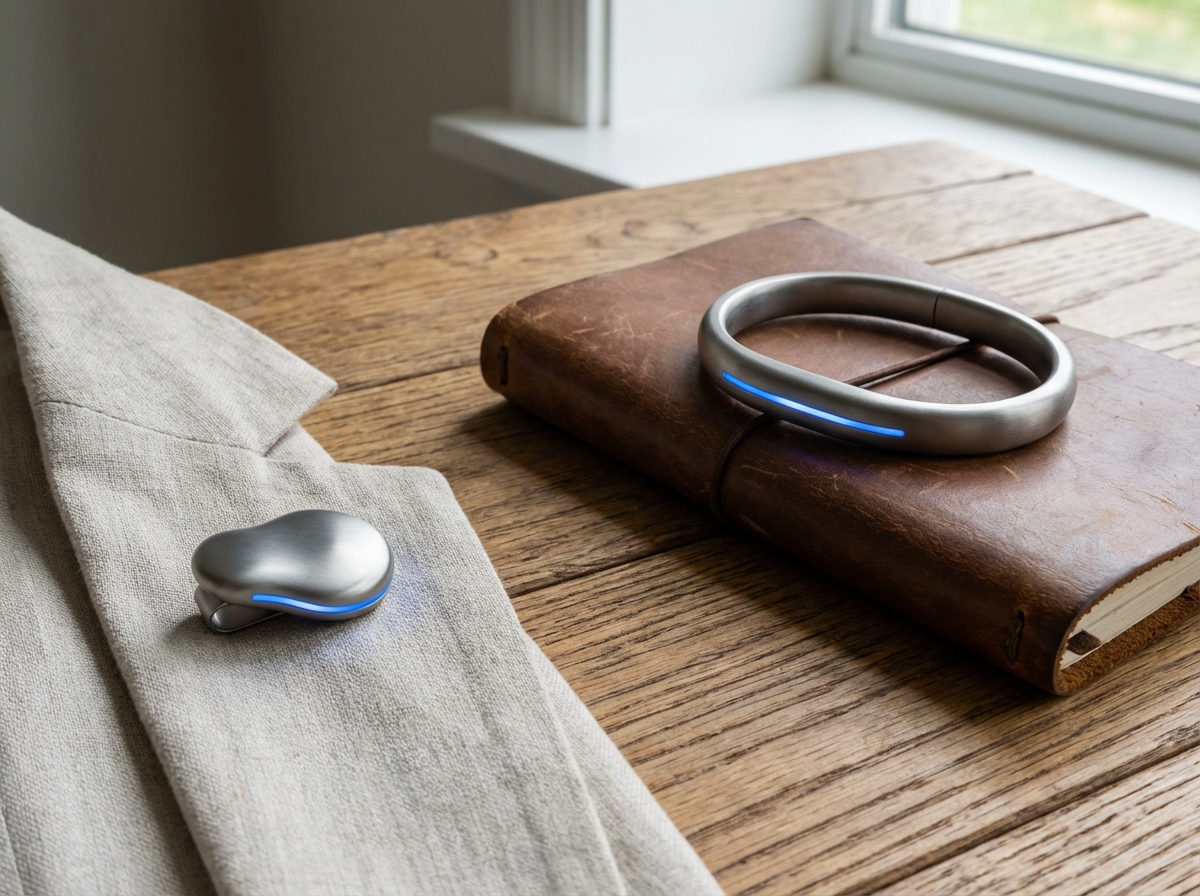 A sleek and modern AI wearable device designed as a small clip-on pin and a minimalist bracelet, soft metallic finish, glowing subtle LED indicator, lifestyle setting on a wooden table, 4:3 aspect ratio, no text