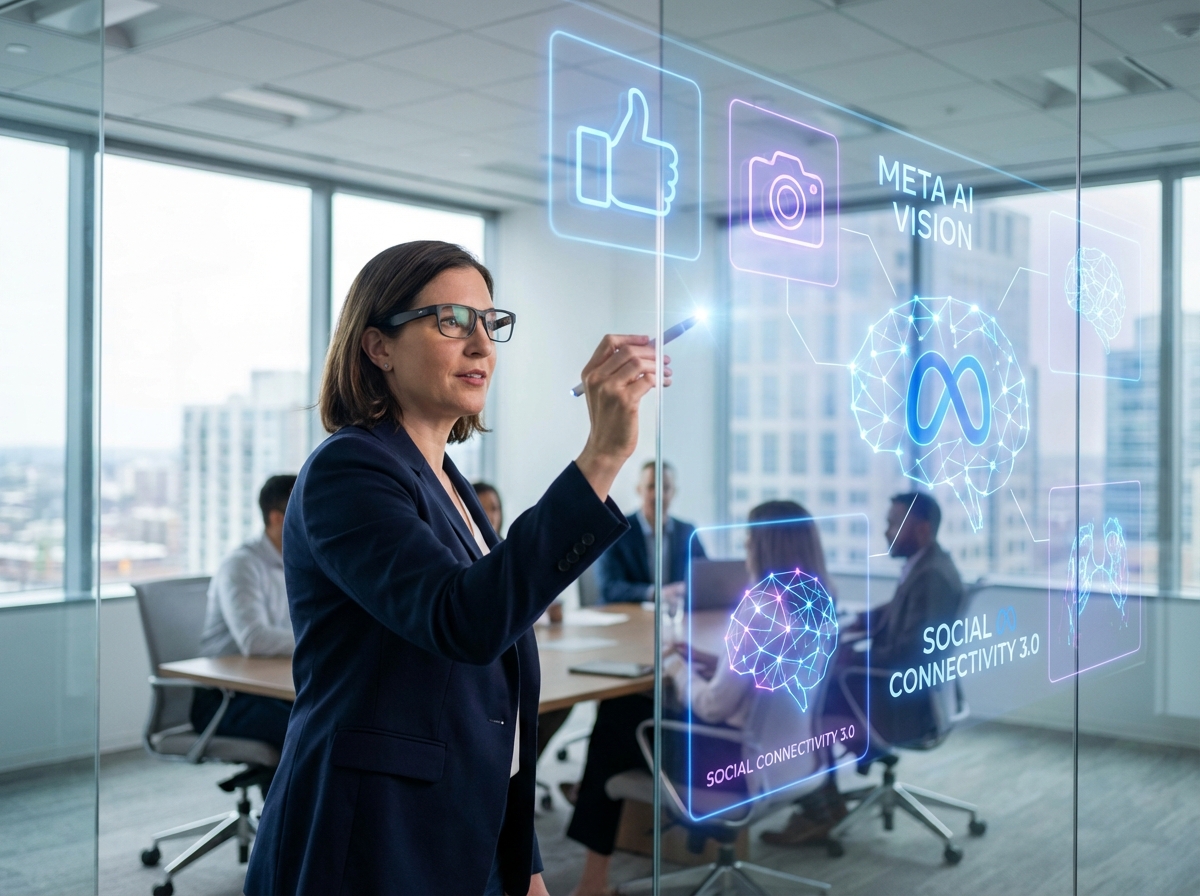 A professional tech CEO presenting a futuristic AI vision, holographic displays of social media icons and neural networks floating in a modern office setting, bright lighting, Meta AI social media theme, 4:3