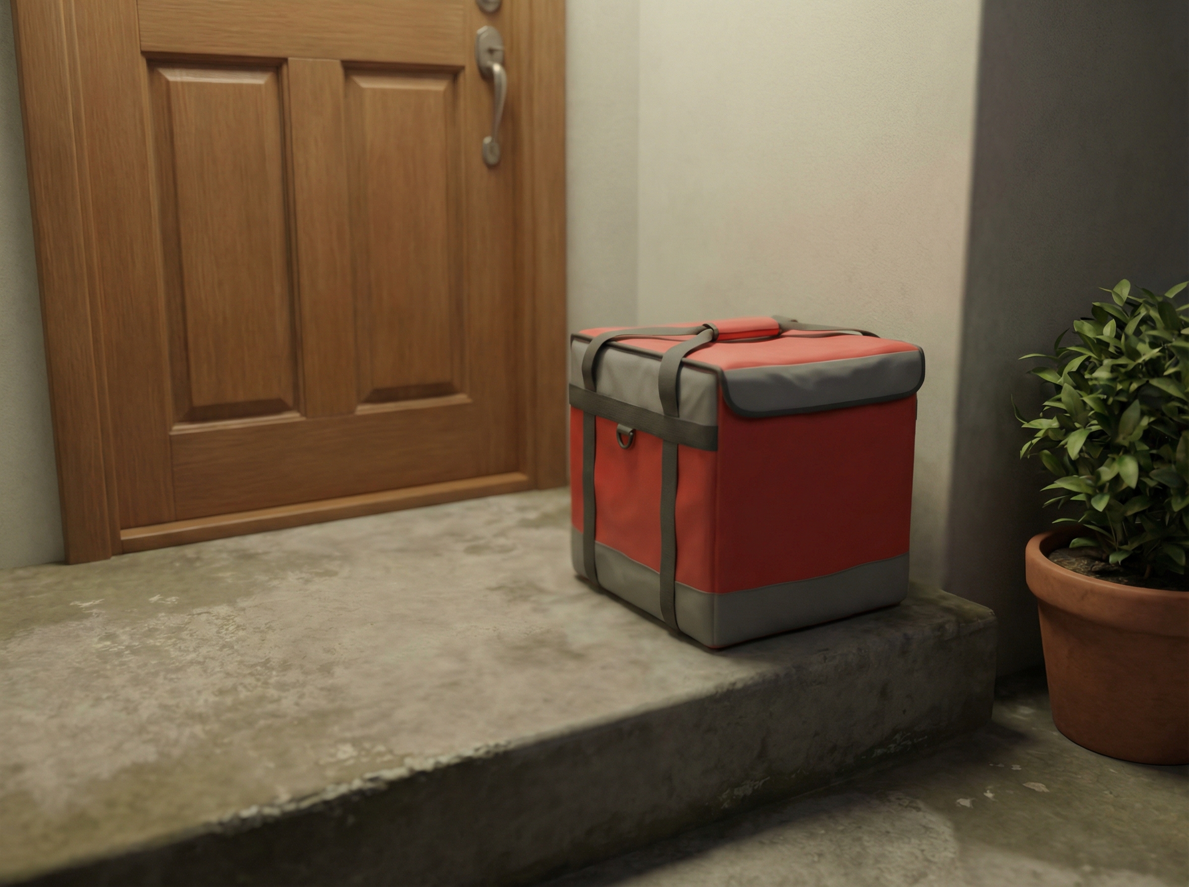 A DoorDash delivery bag placed at a front door, but the image has subtle, uncanny distortions suggesting it is AI-generated rather than a real photo. The lighting is slightly off, and textures are too smooth. Informational style, 4:3 aspect ratio, no visible text.