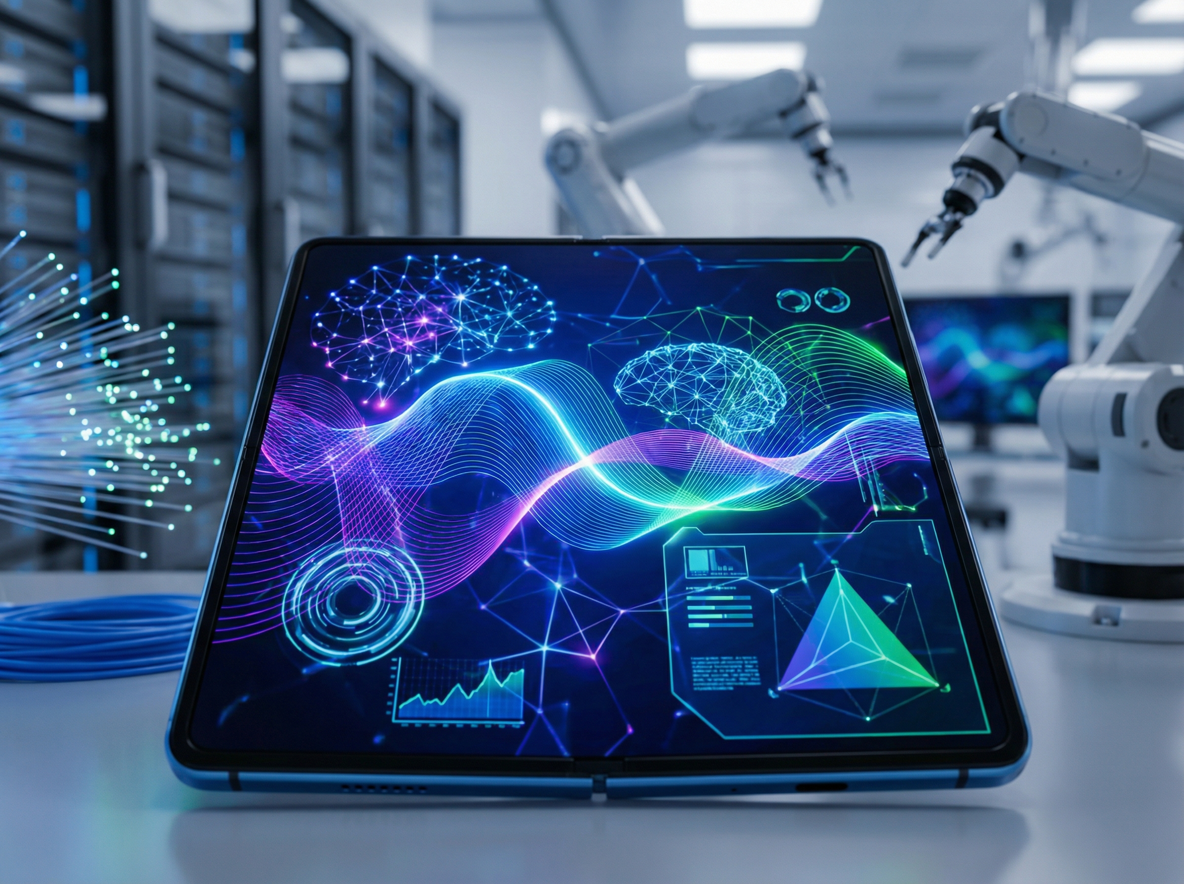 A futuristic AI assistant interface glowing on a wide foldable smartphone screen, abstract data visualizations and digital light effects, modern tech lab background, 4:3 aspect ratio, no text