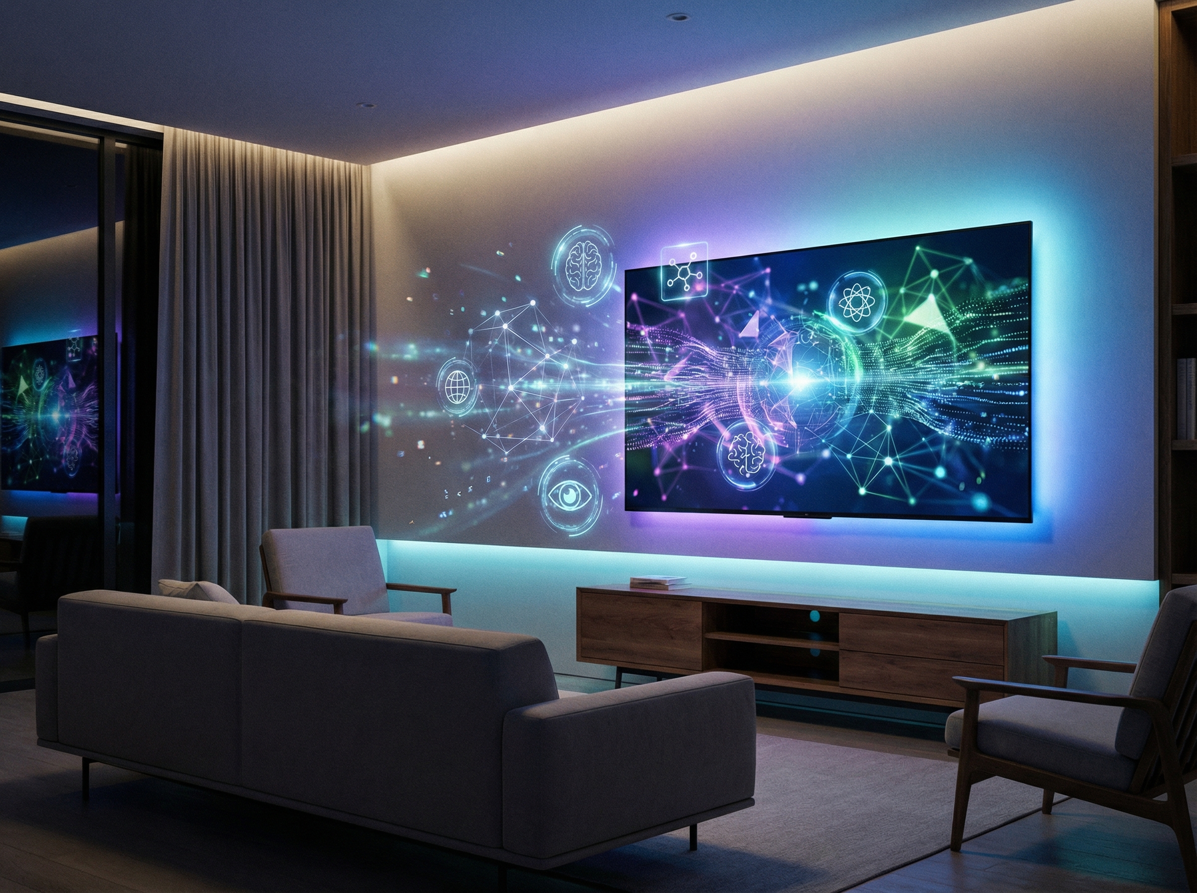 A modern living room with a large sleek smart TV displaying a vibrant artificial intelligence interface with floating icons and digital light effects, cinematic lighting, 4:3 aspect ratio, no text
