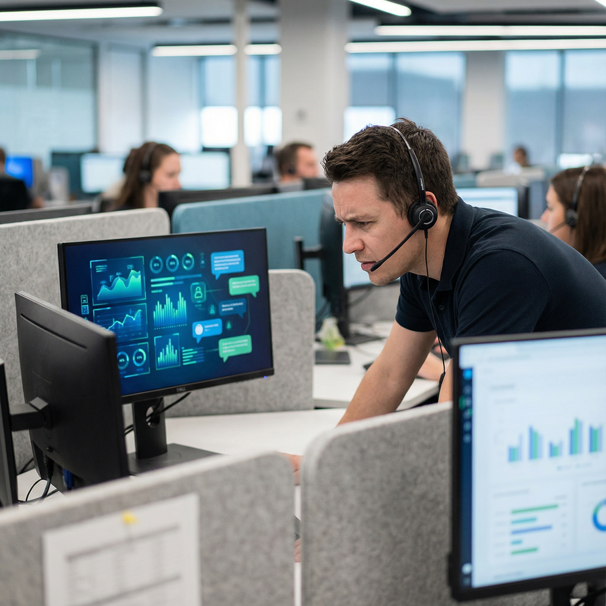 An AI chatbot interface displayed on a computer screen, with a human customer service representative monitoring it, looking focused and slightly concerned. The setting is a modern call center. Informational style, 1:1 aspect ratio, no visible text.