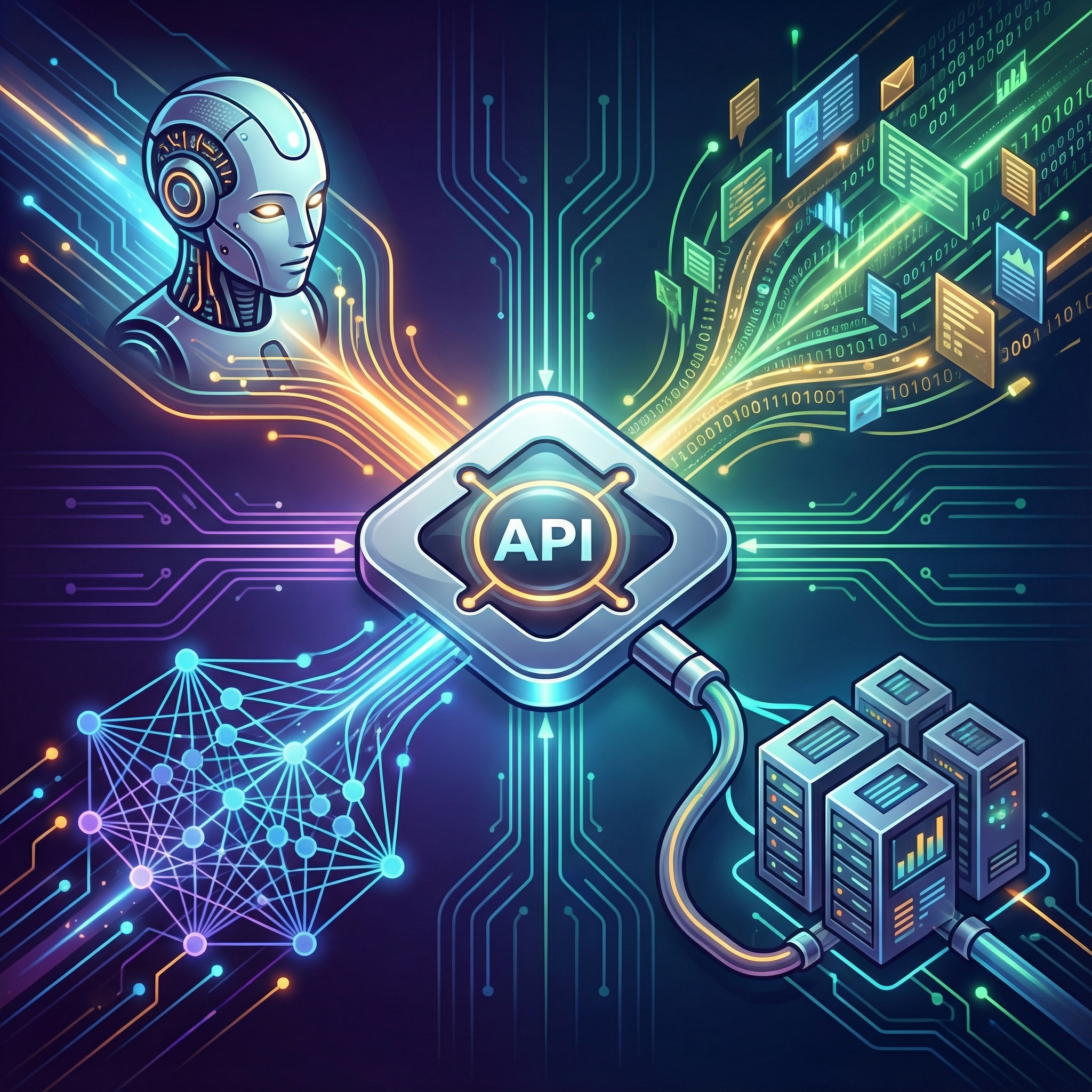 Multiple diverse AI models (like robot heads, abstract neural networks, data streams) converging into a single, sleek API icon or hub. Informational style, clean infographic, modern layout, high contrast, colored background, centered focus, no visible text, no Korean text, aspect ratio 1:1.