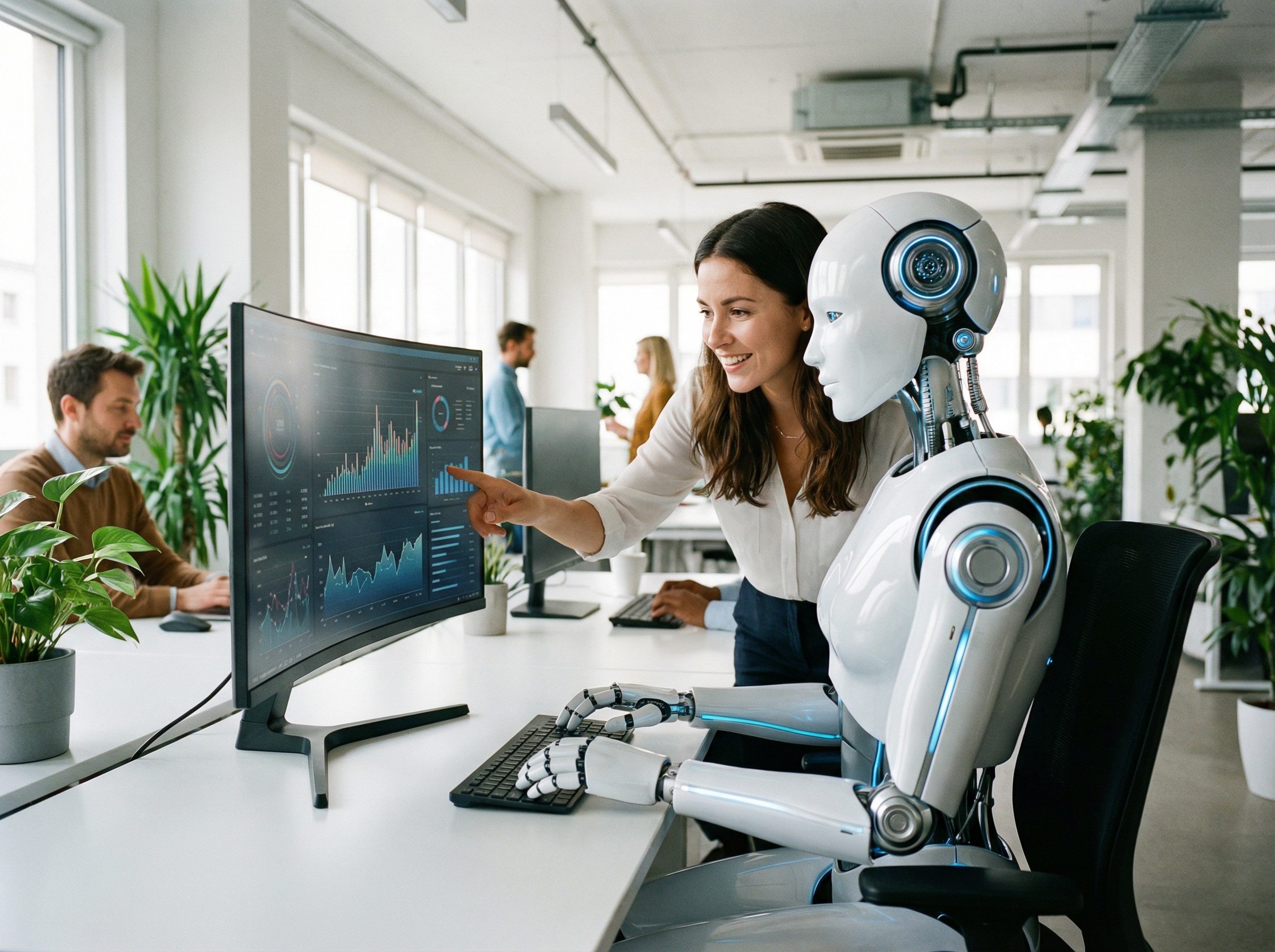 An AI robot working collaboratively with a human office worker, in a modern, well-lit office environment. The robot is sleek and non-threatening, performing data analysis on a screen. The human is focused and interacting positively with the robot. Informational style, 4:3 aspect ratio, no visible text.