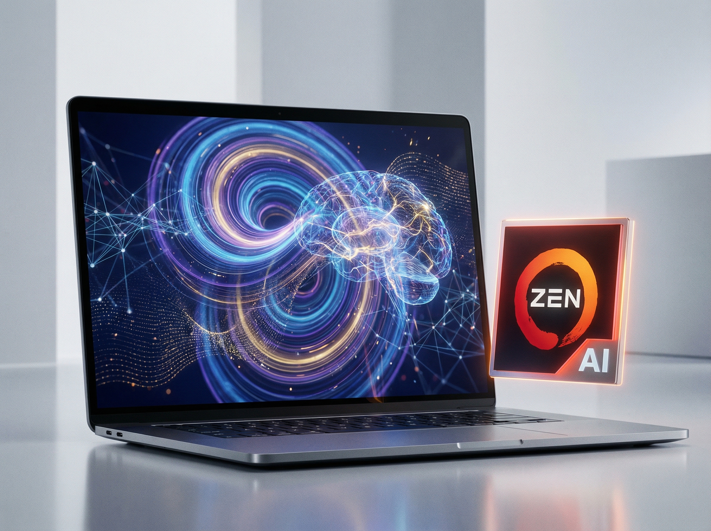 A sleek and modern high-end laptop display showing complex AI data processing patterns, a glowing AMD Ryzen AI processor icon nearby, professional tech product photography style, clean background, 4:3 aspect ratio, no text.