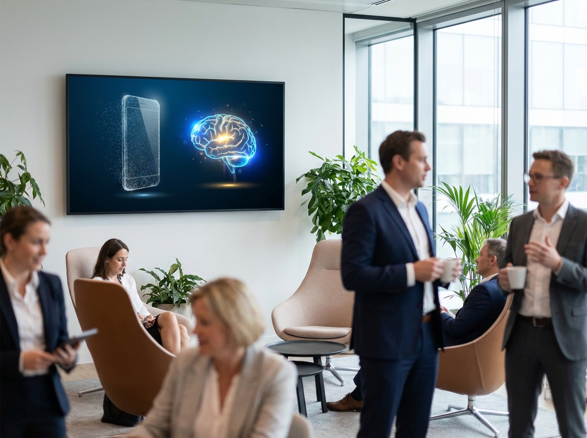 A modern professional office setting with a digital screen showing a stylized smartphone silhouette fading out and an AI brain icon glowing brightly. High-quality corporate photography style, 4:3 aspect ratio, no text.