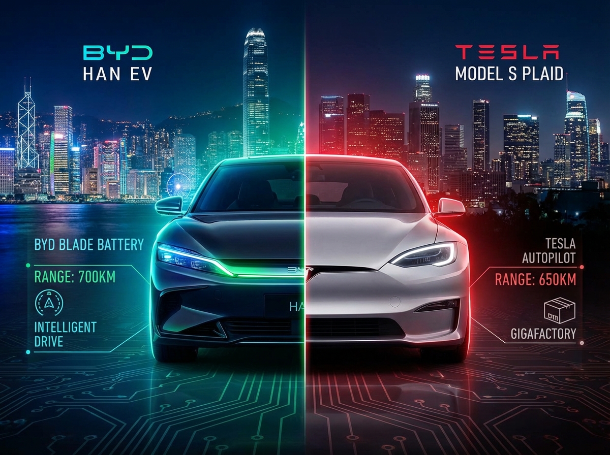 A sleek, modern split-screen illustration showing a futuristic BYD electric car on one side and a Tesla on the other side, glowing neon city background, high contrast, cinematic lighting, informational infographic style. 4:3