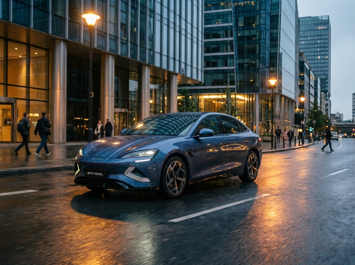 A high-end BYD Seal electric sedan driving through a modern metropolitan street at dusk, warm street lights reflecting on the car body, realistic lifestyle photography, professional car commercial look. 4:3