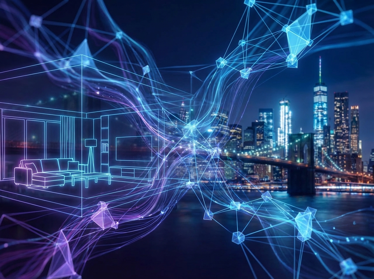An abstract visual representation of interconnected AI systems, glowing nodes connecting a home environment with an outdoor cityscape, high tech aesthetic, vibrant blue and purple tones, 4:3 aspect ratio, no text