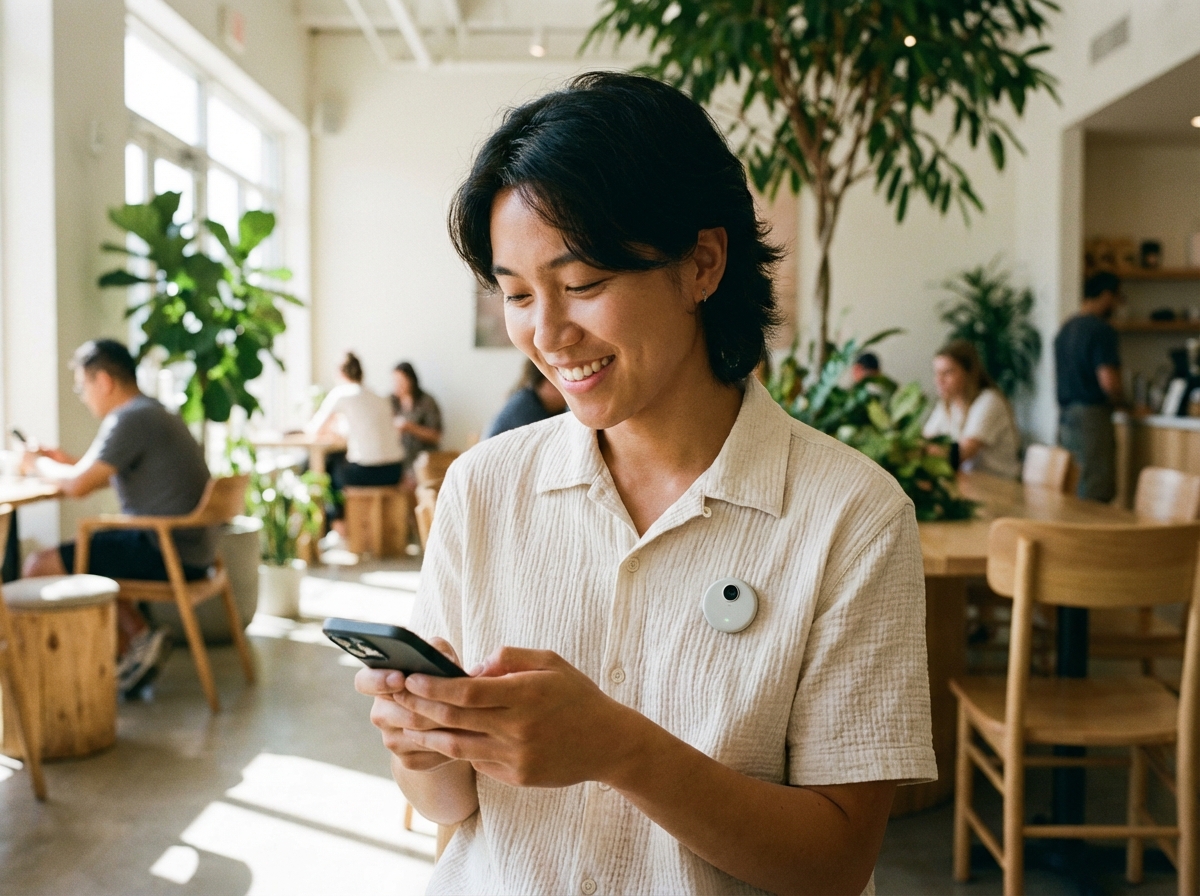 A modern lifestyle photo of a person wearing a small, sleek circular AI wearable device pinned to their casual shirt. The device has a minimalist design. The background is a bright, airy cafe setting with natural sunlight. High quality photography, 4:3 aspect ratio, no text.