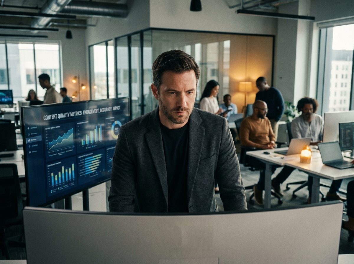 A professional man in a modern tech office setting looking at a large screen with digital data charts about content quality, focused expression, cinematic lighting, 4:3