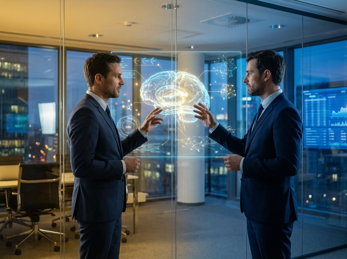 Two professional businessmen in a modern glass office discussing digital strategies. Holographic AI brain diagrams floating in the center. Professional atmosphere, blue and gold lighting, photorealistic style. 4:3