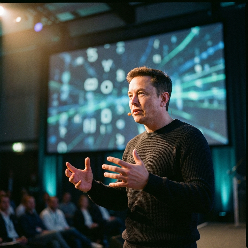A professional man in a dark sweater speaking at a tech conference stage. A large blurred screen behind him shows abstract digital symbols. Cinematic lighting with a focus on the speaker's expressive gestures. No text. 1:1