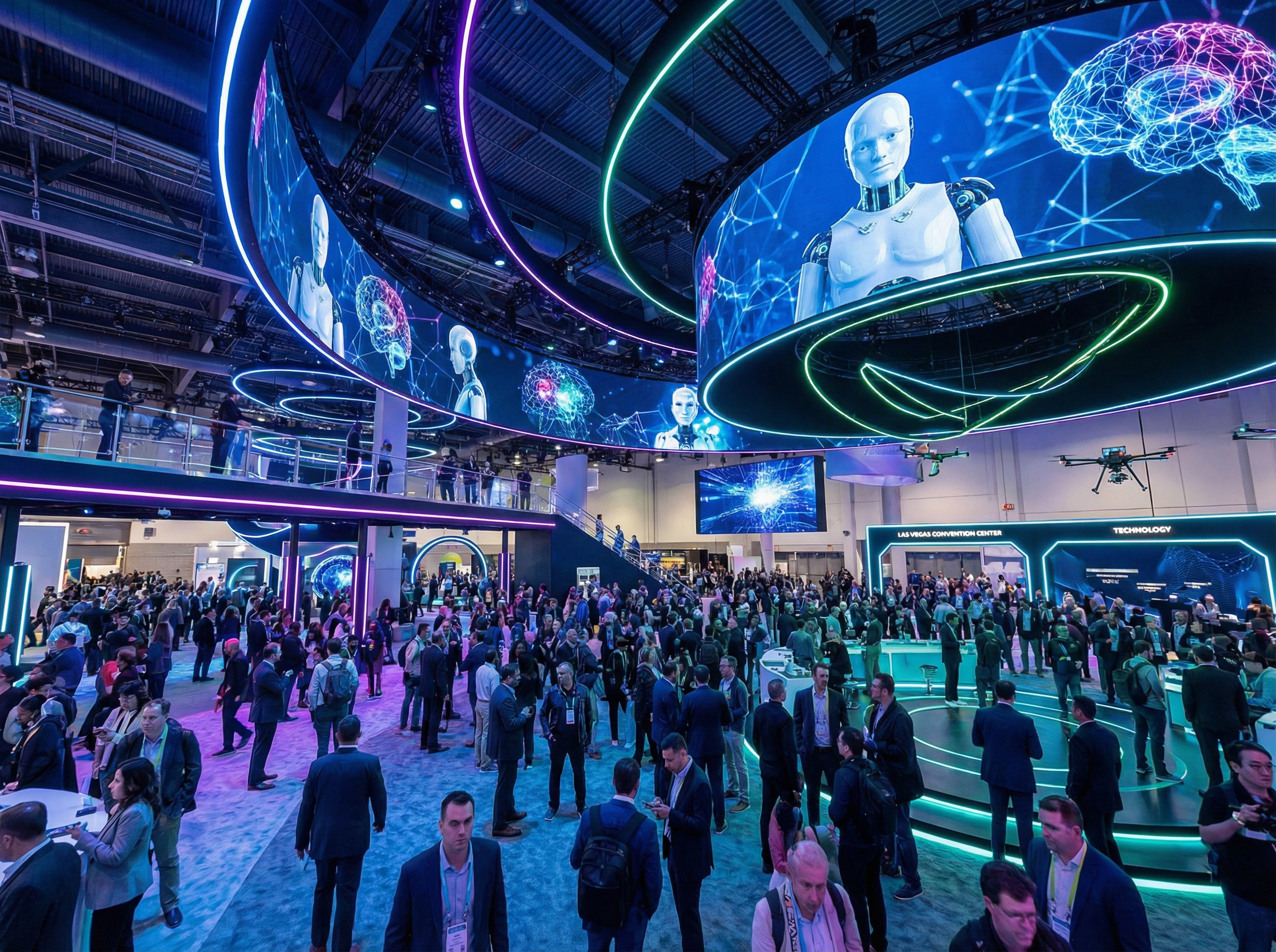 A wide-angle shot of the CES 2026 main hall in Las Vegas with futuristic neon lights, large digital screens showing AI and robotics themes, and a crowd of tech enthusiasts in a modern high-tech atmosphere, 4:3 aspect ratio, no text.