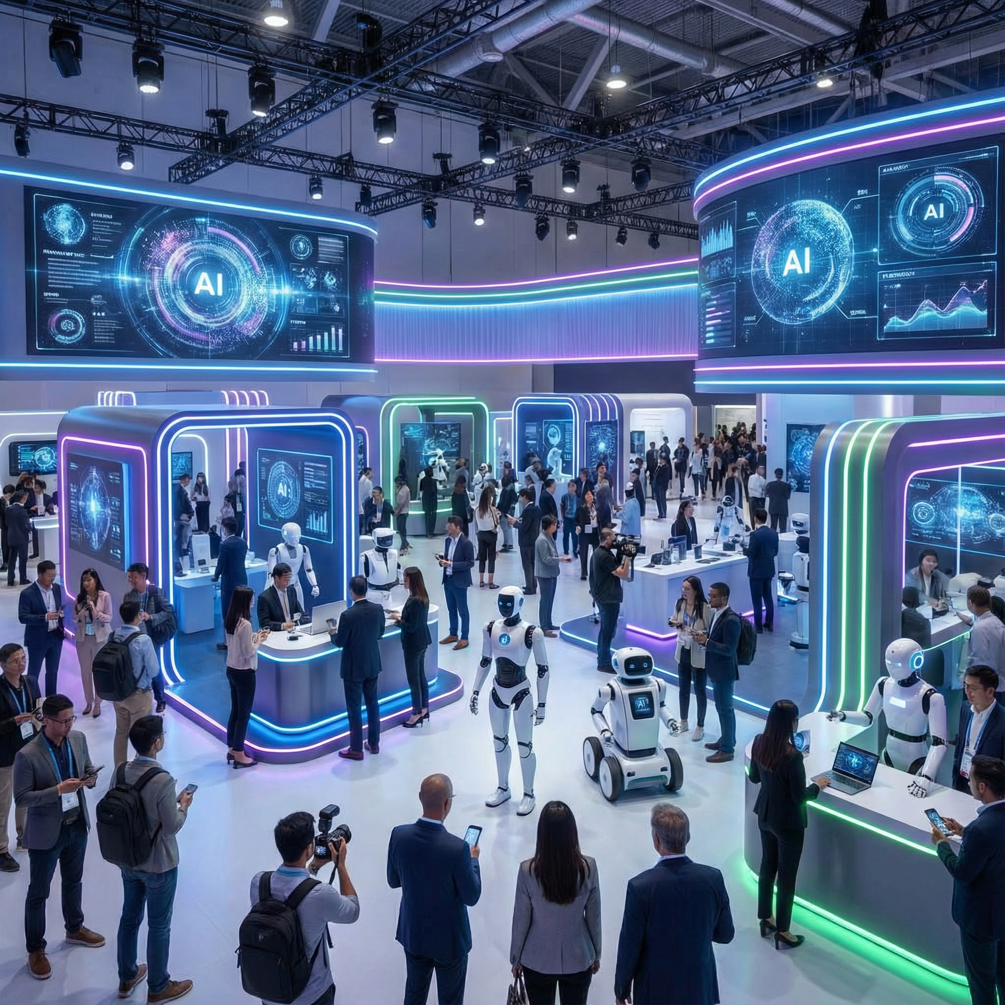 High-tech exhibition hall at CES 2026, futuristic booths with glowing neon lights, robots and large screens showing AI visualizations, crowds of people exploring technology, bright and professional lighting, aspect ratio 1:1, no text