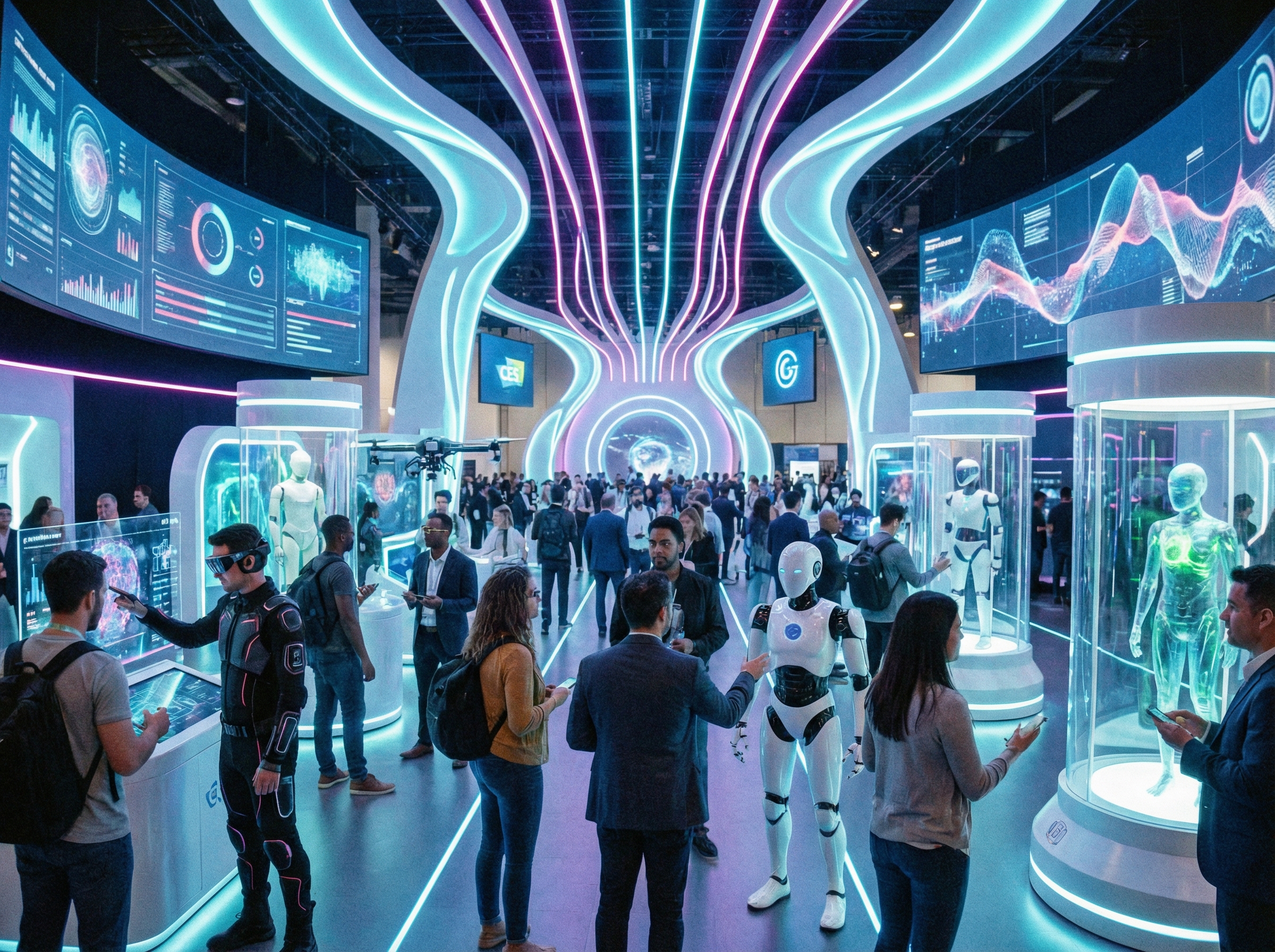 A wide-angle interior shot of a futuristic tech exhibition hall at CES 2026, vibrant neon lights, diverse crowds of people interacting with innovative gadgets, high-tech atmosphere, 4:3 aspect ratio, no visible text