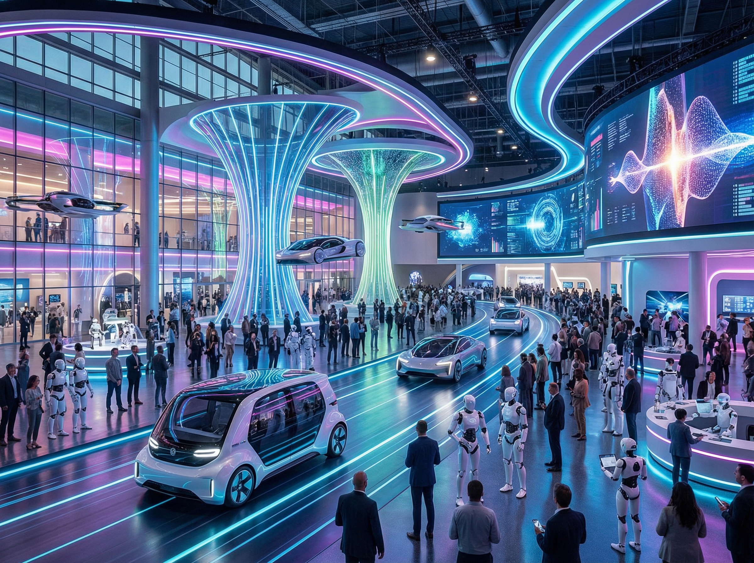 A wide-angle shot of a futuristic tech exhibition hall at CES 2026 with sleek robotaxis, humanoid robots, and large glowing AI displays, vibrant lighting, professional photography style, 4:3, no visible text