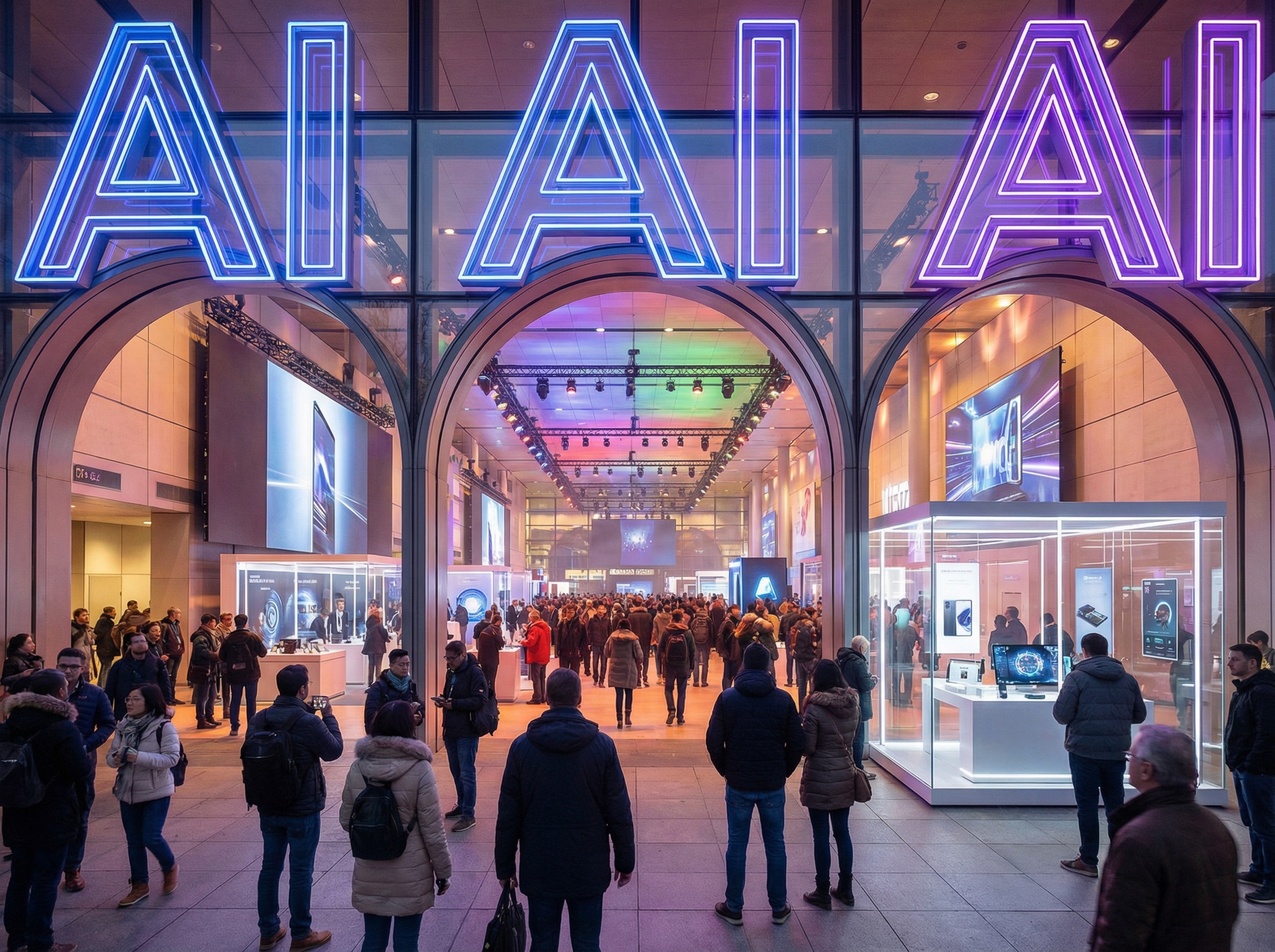 A wide cinematic shot of the CES 2026 exhibition hall entrance with massive glowing neon signs featuring the letters AI, crowds of people walking through futuristic technology booths, bright and vibrant atmosphere, 4:3 aspect ratio, no text in image