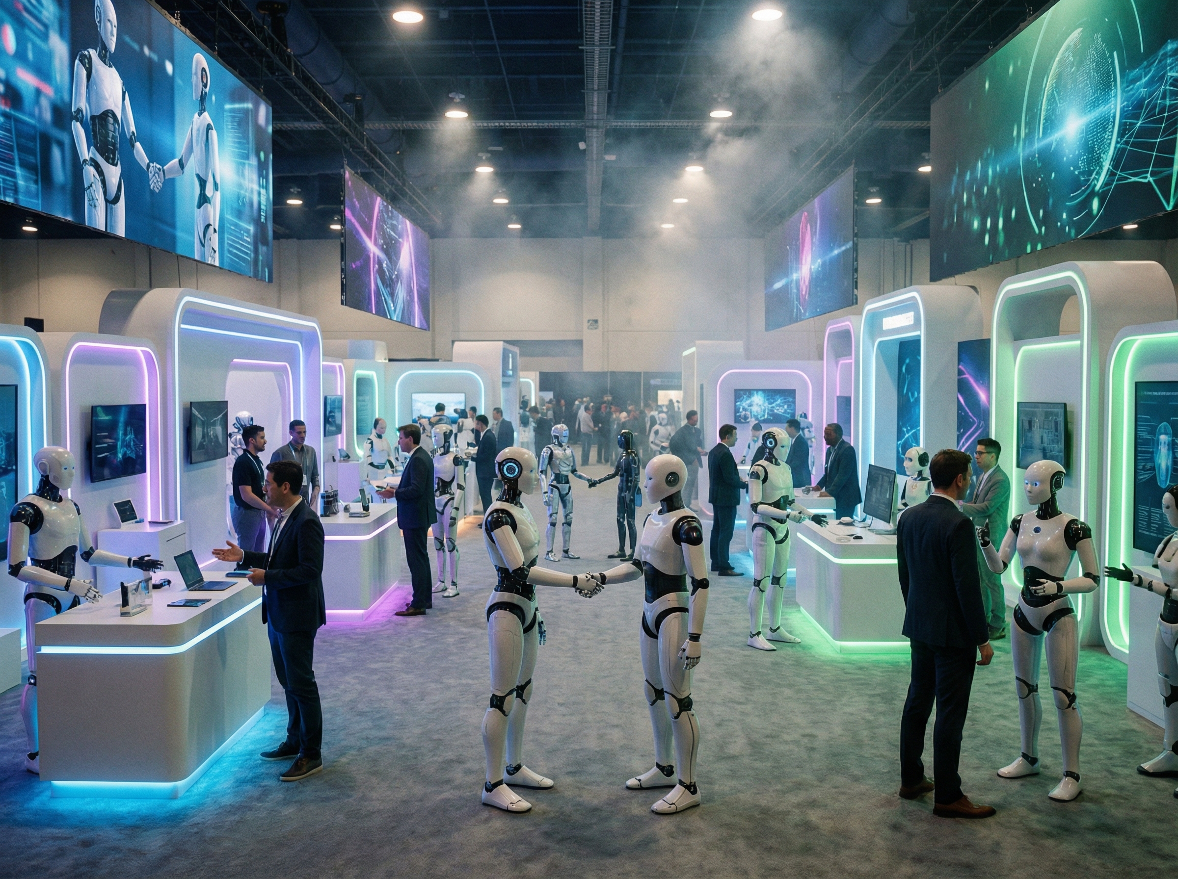 A cinematic wide shot of the CES 2026 tech convention floor, featuring diverse humanoid robots interacting with attendees, futuristic white booths, neon highlights, 4:3 aspect ratio, no text.