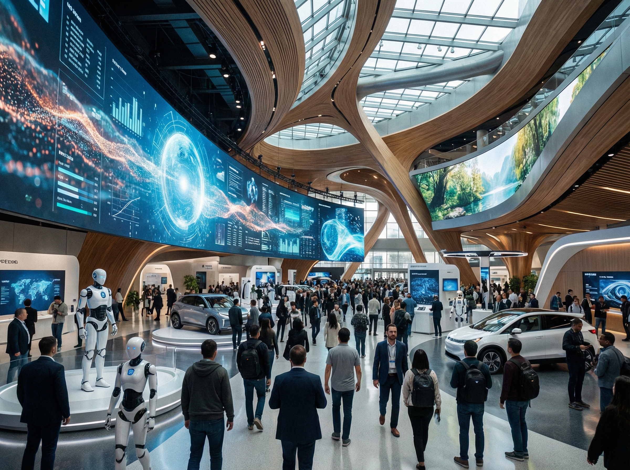 A wide-angle shot of a futuristic technology exhibition hall at CES 2026, featuring large glowing LED screens, advanced robotics on display, and a diverse crowd of people exploring innovative tech booths, modern architectural design, cinematic lighting, high resolution, aspect ratio 4:3, no text