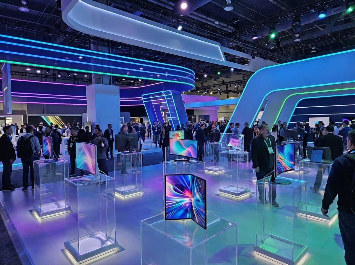 A futuristic exhibition hall at CES 2026 featuring various innovative computer monitors on sleek pedestals, vibrant lighting, professional tech event atmosphere, 4:3, no text