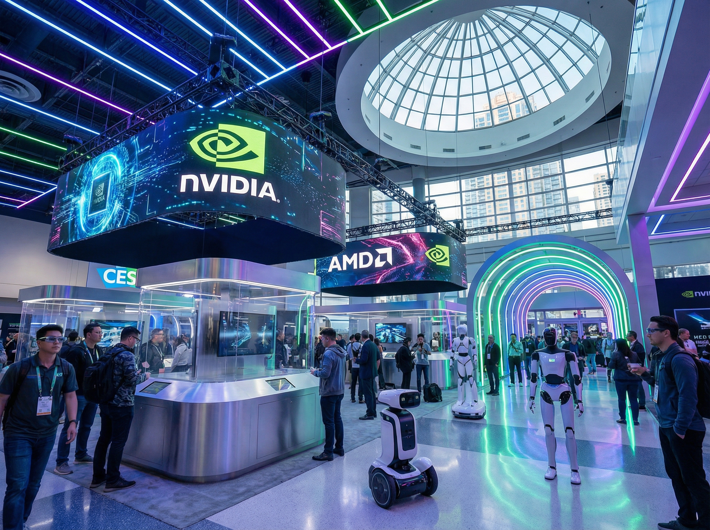 A futuristic and crowded CES 2026 exhibition hall in Las Vegas, showcasing advanced AI robots and giant glowing screens with Nvidia and AMD logos, modern high-tech atmosphere, bright lighting, cinematic composition, 4:3 aspect ratio, no text.