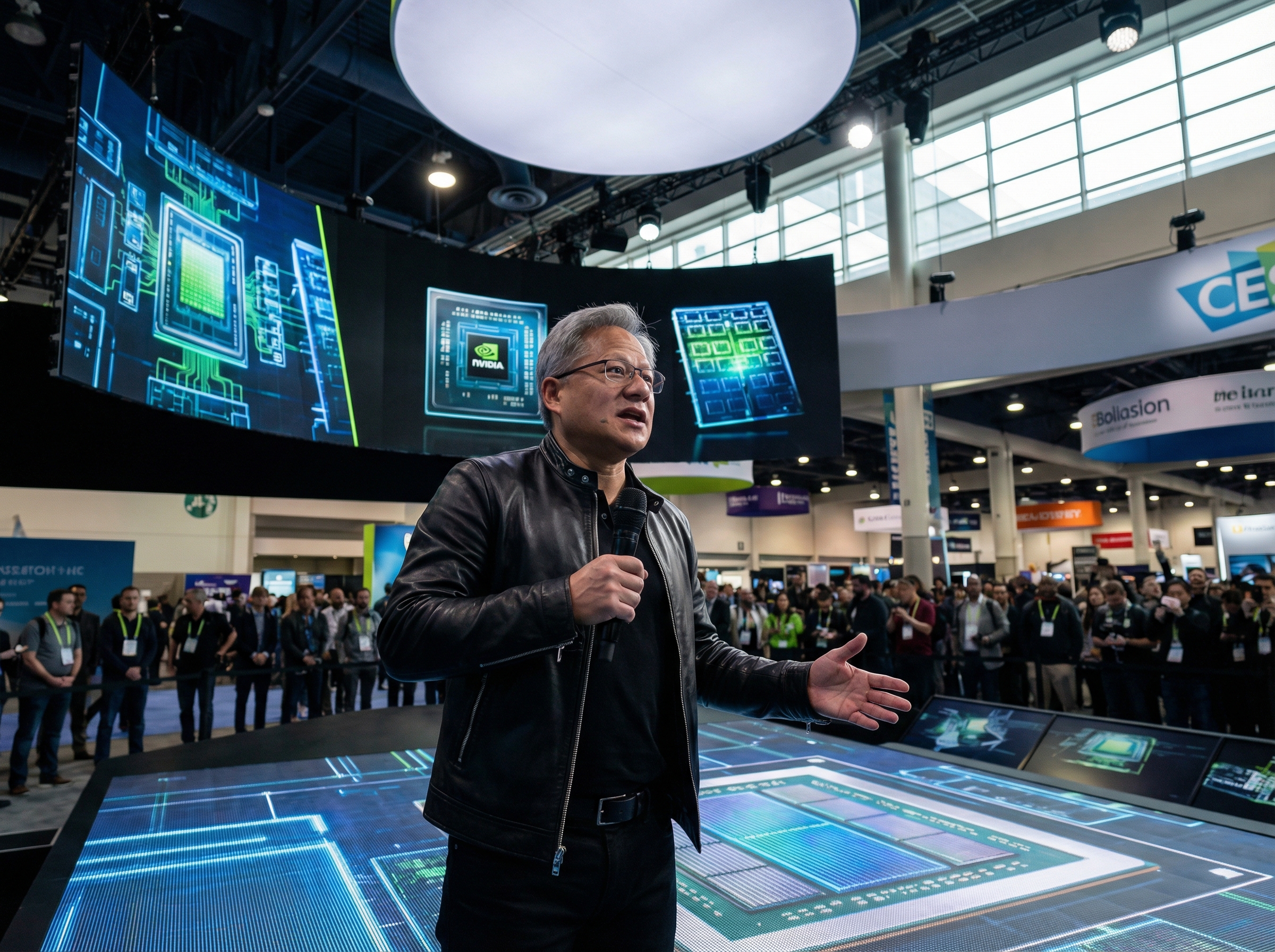 Jensen Huang standing on a high-tech stage at CES in Las Vegas, speaking with passion, large digital screens in the background showing AI chip diagrams, professional photography, natural lighting, aspect ratio 4:3, no text