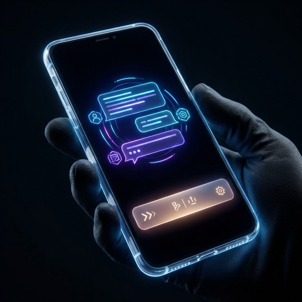 A futuristic concept of ChatGPT interface on a smartphone screen showing a subtle advertisement banner at the bottom of the chat conversation, clean UI design, high contrast, modern technology vibe, 1:1, no text