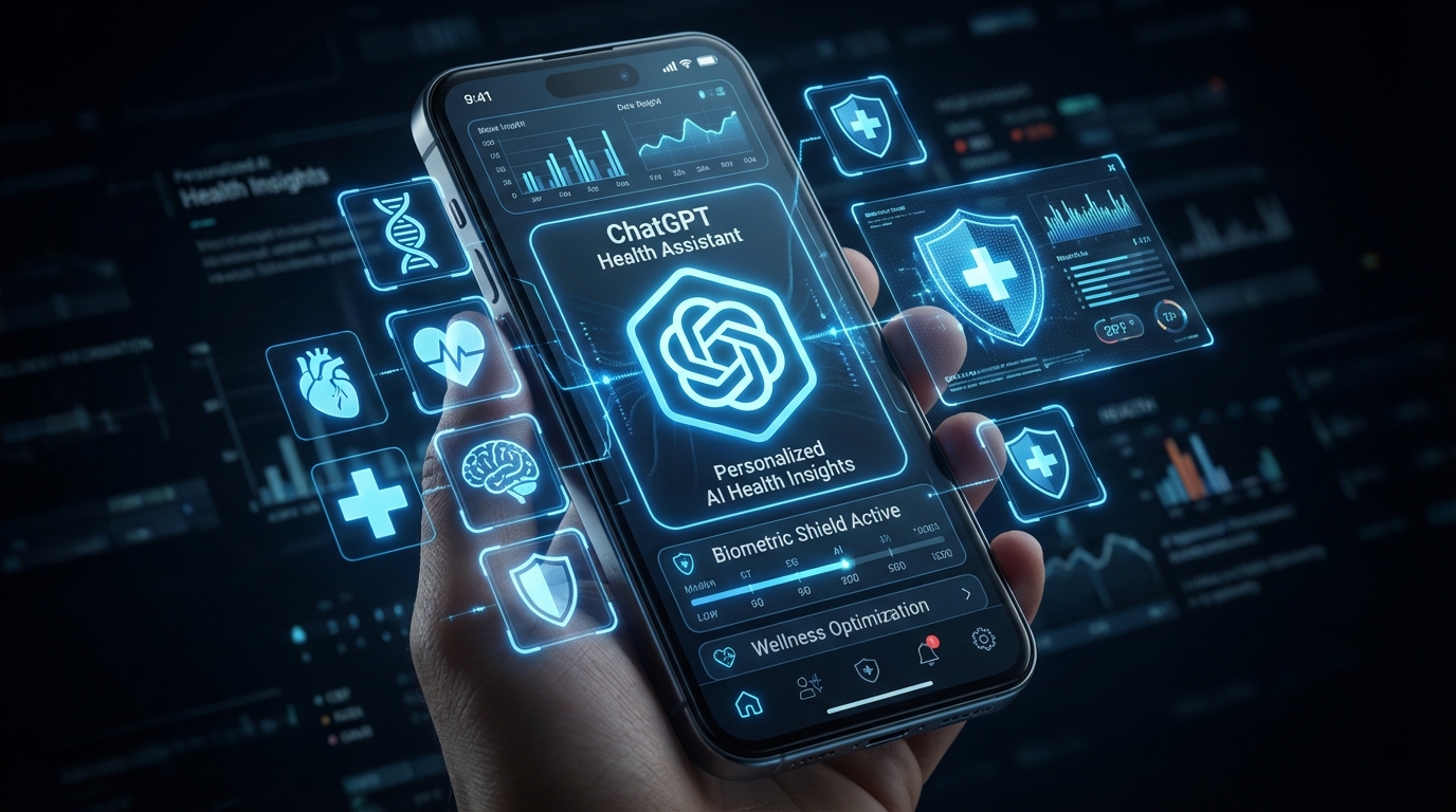 A futuristic smartphone displaying a health app interface with the ChatGPT logo, surrounded by glowing blue medical icons and digital shields, high contrast informational infographic style, 16:9 aspect ratio.