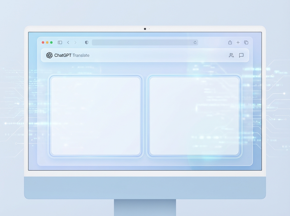 A clean and modern web interface design for a translation service named ChatGPT Translate, showing two side-by-side text boxes, minimalist UI, soft blue and white color palette, futuristic digital vibe, high resolution, 4:3, no text