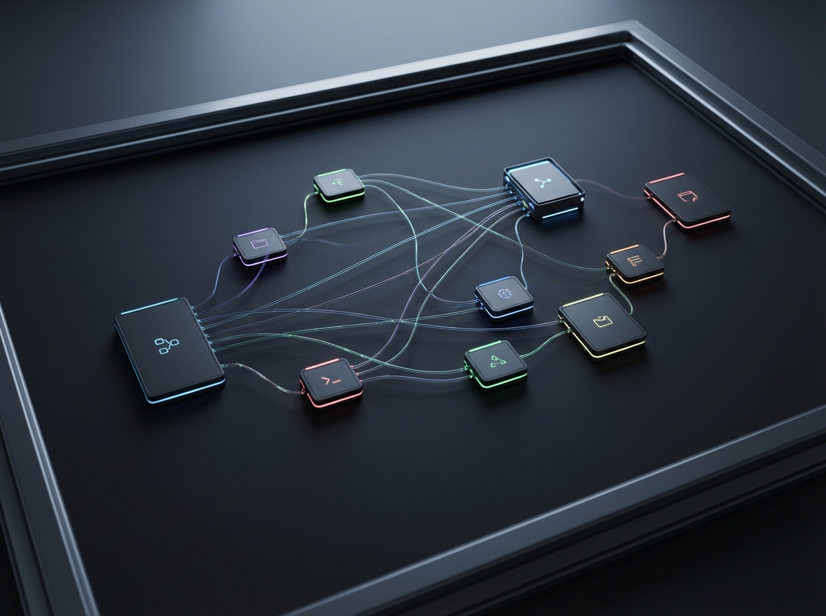 A clean and modern ComfyUI node-based interface showing various nodes connected by wires on a dark gray background, high-tech aesthetic, professional UI design, 4:3, no visible text