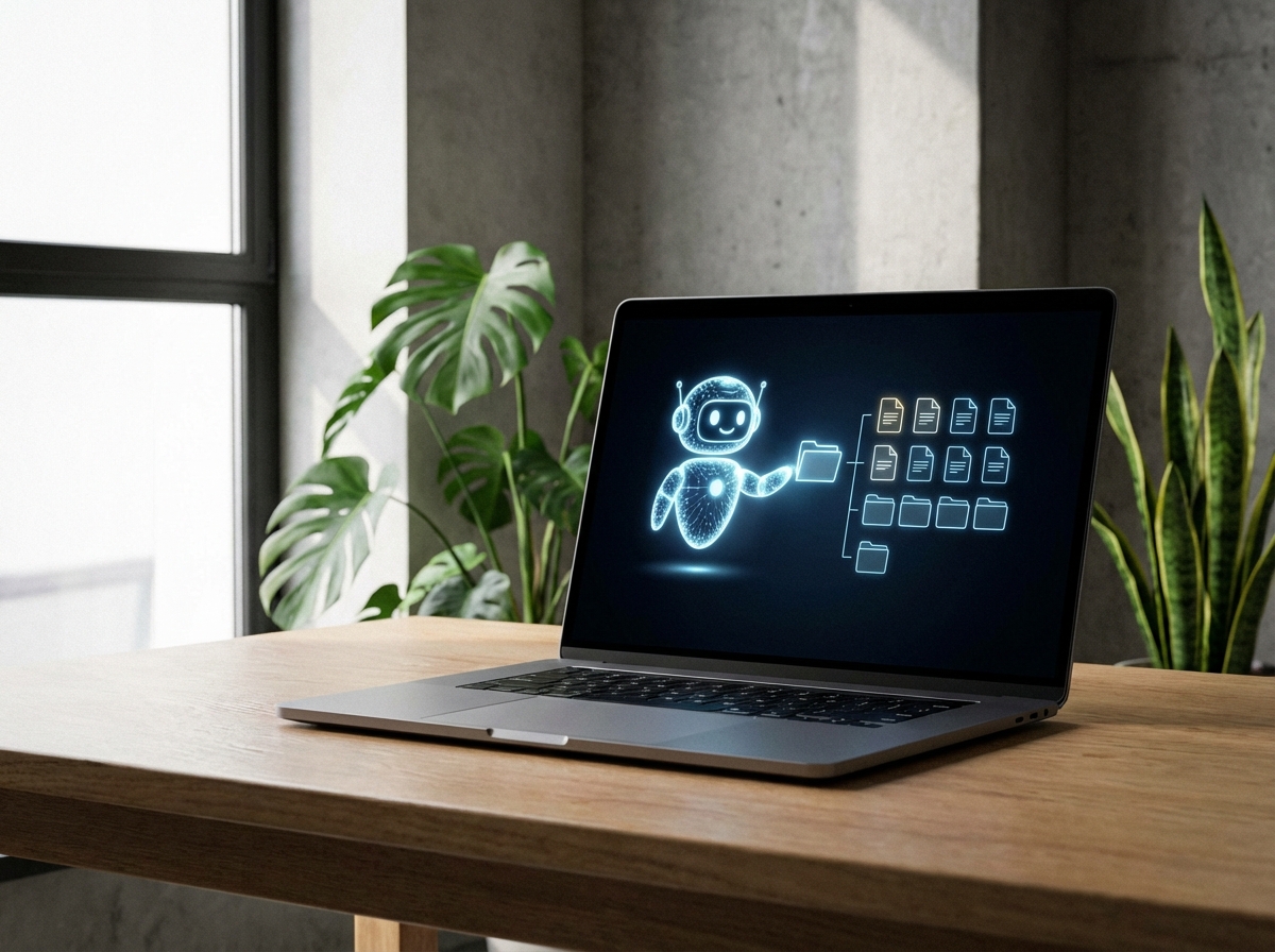 A clean and modern desktop workspace featuring a high-end laptop with a glowing AI interface. The screen displays a simple folder-based interface where a digital assistant is organizing files. The background is a minimalist home office with soft natural lighting and a few green plants. High contrast, 4:3 aspect ratio, no text.