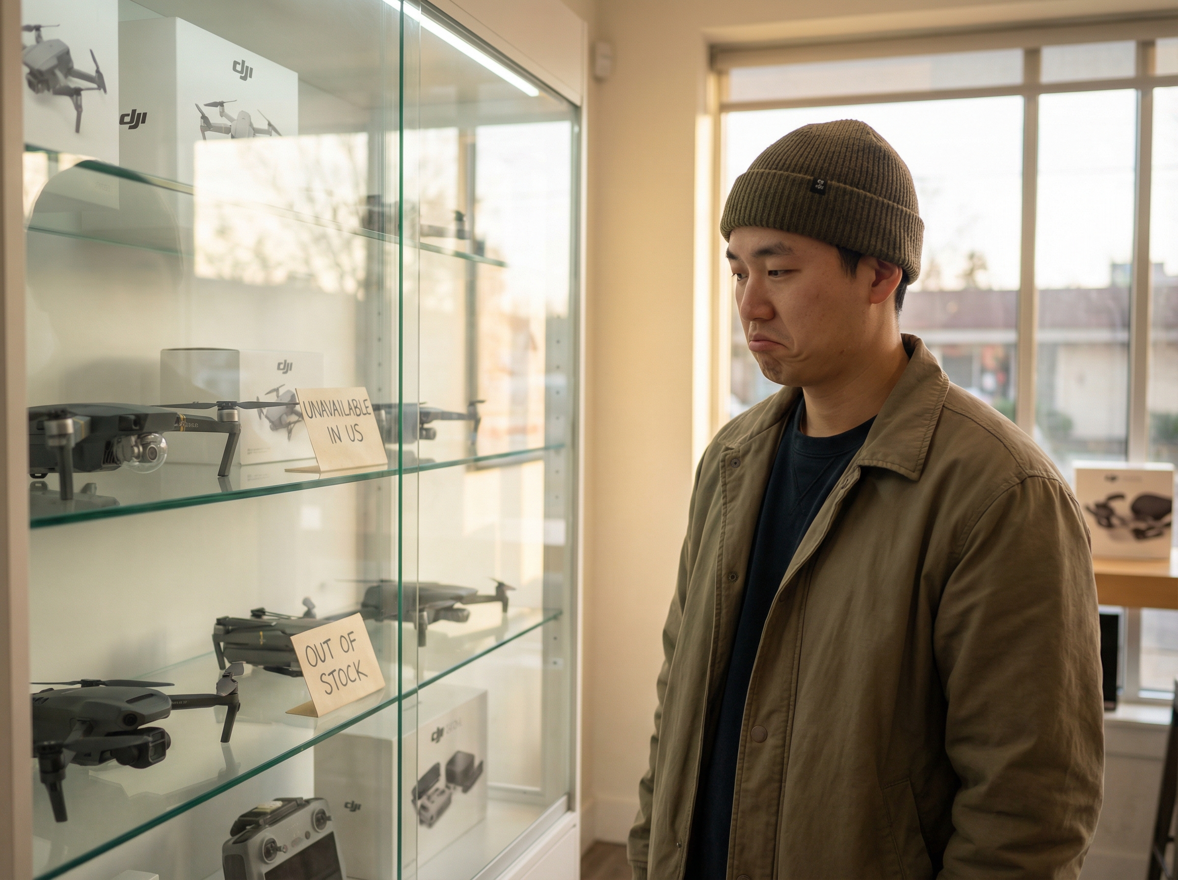 A person with a slightly disappointed expression looking at a display of new, sleek DJI drones in a store, with "Unavailable in US" or "Out of Stock" signs prominently displayed. Lifestyle photography, warm lighting, natural setting. Korean appearance. Aspect ratio 4:3. No visible text.