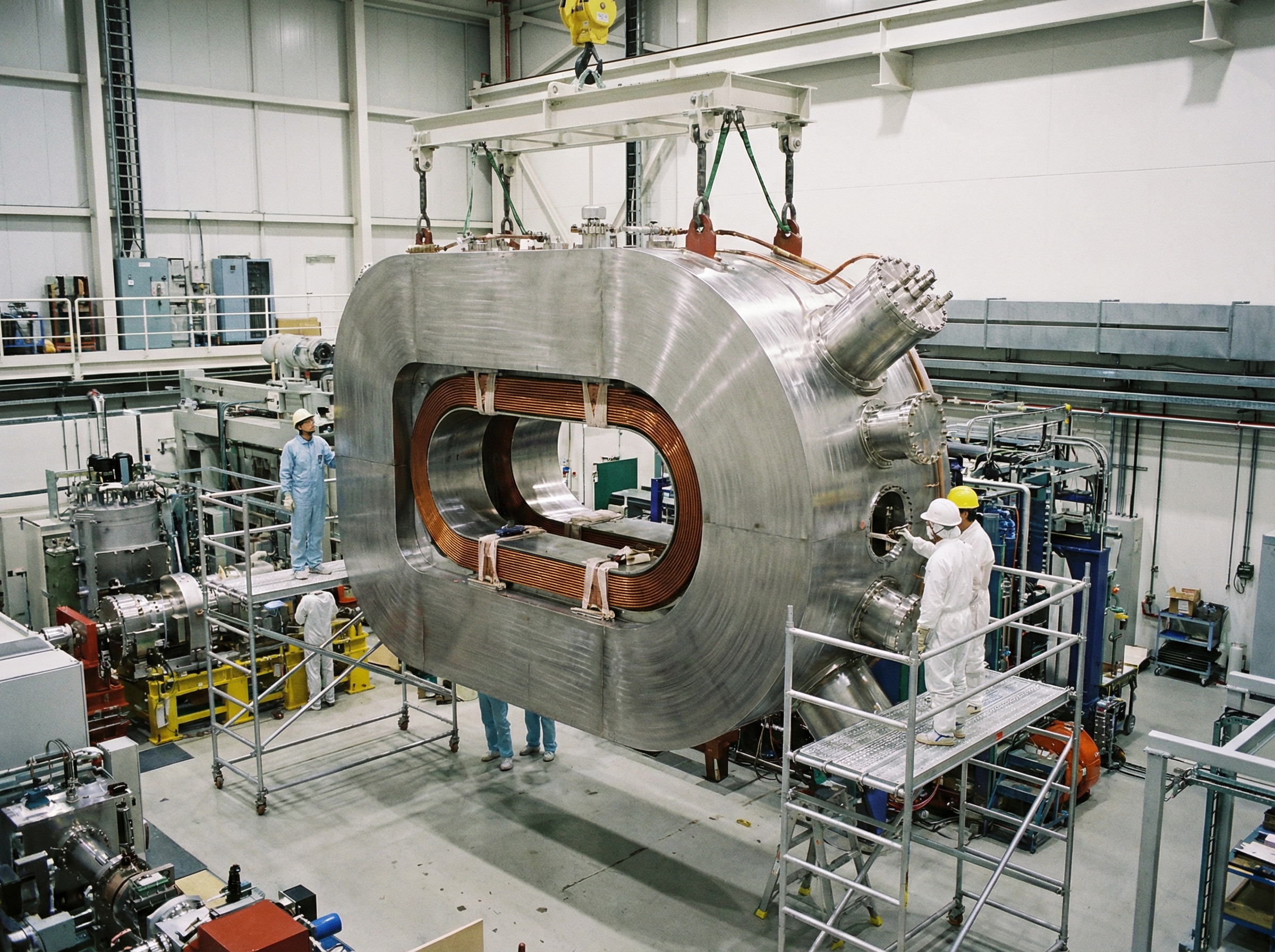 A massive D-shaped superconducting magnet being installed in a laboratory, 24 tons engineering marvel, clean industrial setting, metallic textures, 4:3, no text