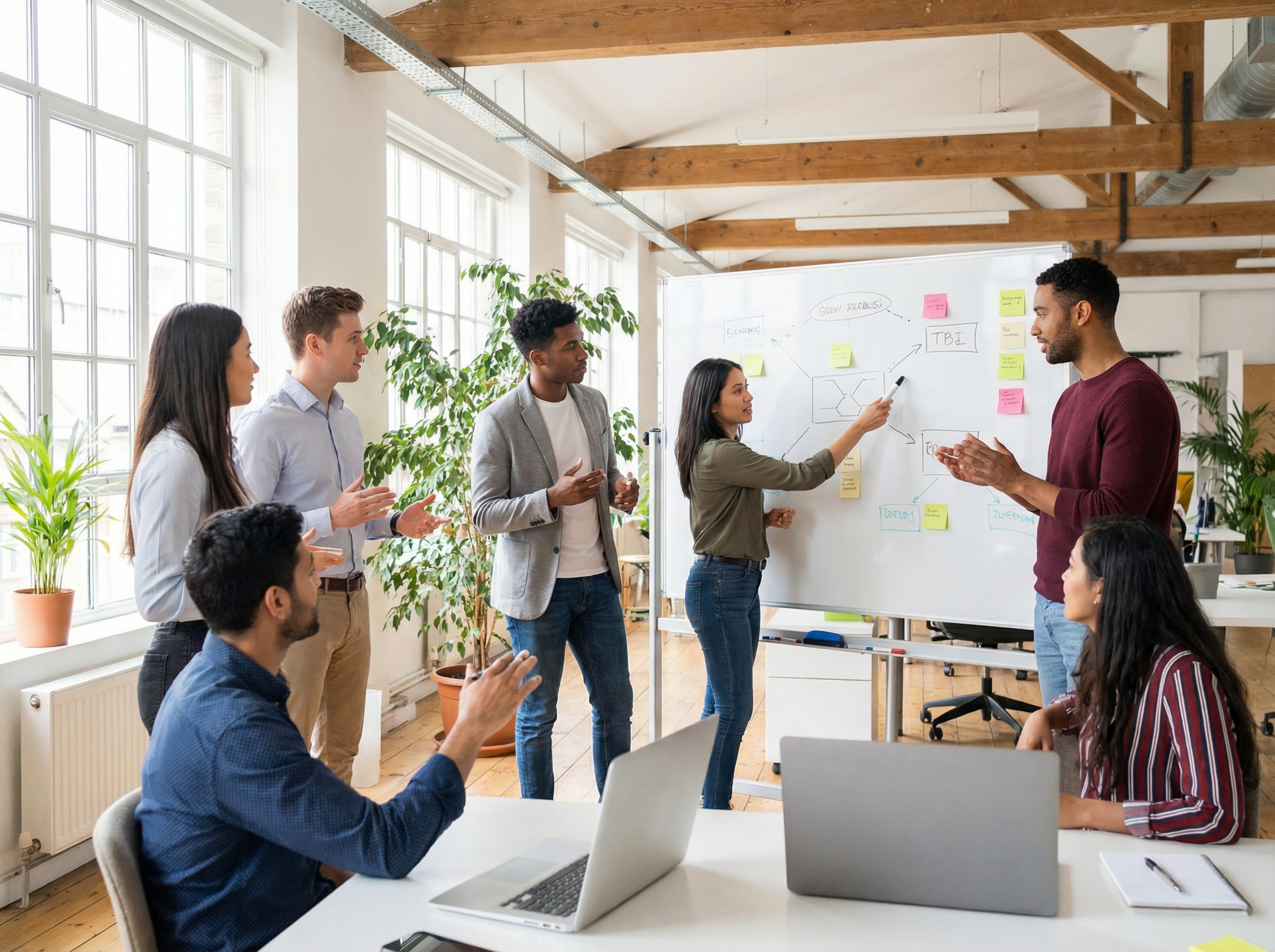 A diverse group of young professionals collaborating actively in a bright, modern co-working space, with laptops and whiteboards. They are engaged in creative problem-solving and discussion. Informational style, 4:3 aspect ratio, no visible text.