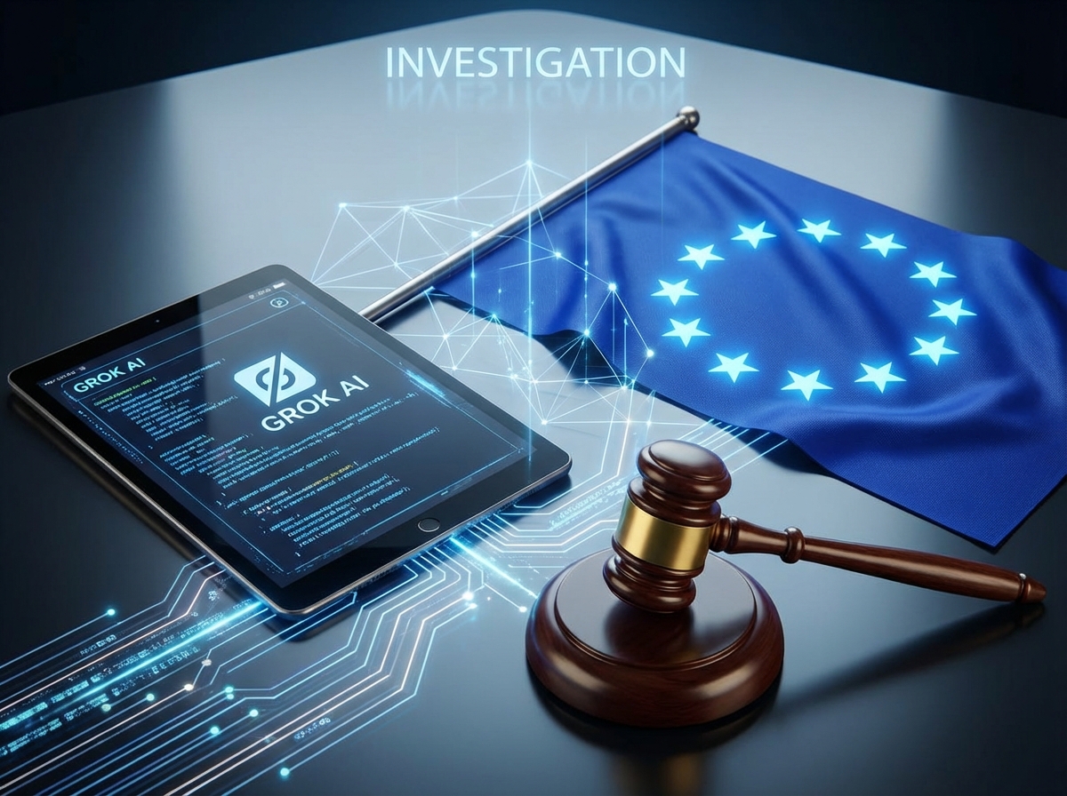 A conceptual illustration of the European Union flag alongside a digital representation of the Grok AI interface. The scene includes a gavel symbolizing a legal investigation and glowing data streams. Professional and high-contrast lighting, modern technology aesthetic. 4:3