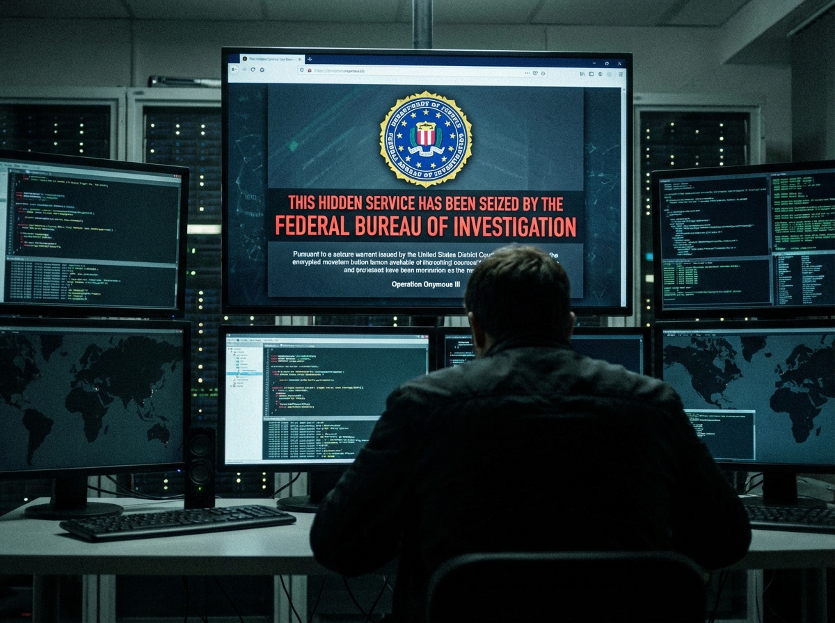 A realistic high-quality image of a dark room with multiple computer screens. The central monitor shows an official FBI seizure notice with a large eagle seal and legal text on a dark web interface background. The atmosphere is tense and professional. 4:3