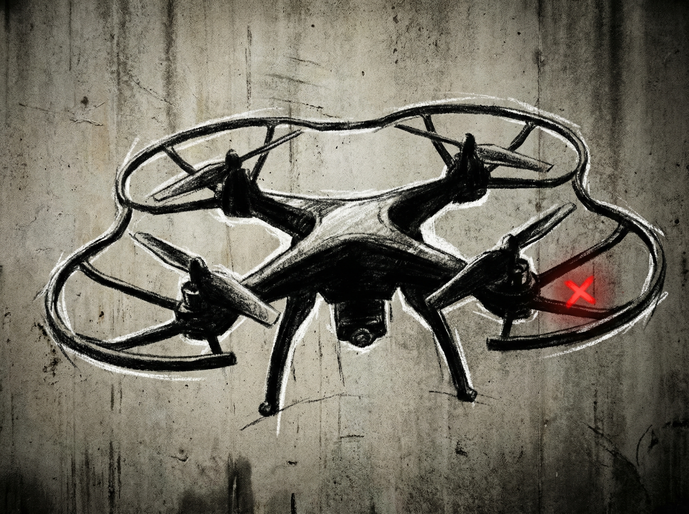 A stylized DJI logo or a modern drone with a subtle visual cue indicating disappointment or protest (e.g., a sad emoji overlay or a 'x' mark over "open market" text). Artistic rendering, textured background, high contrast. Aspect ratio 4:3. No visible text.