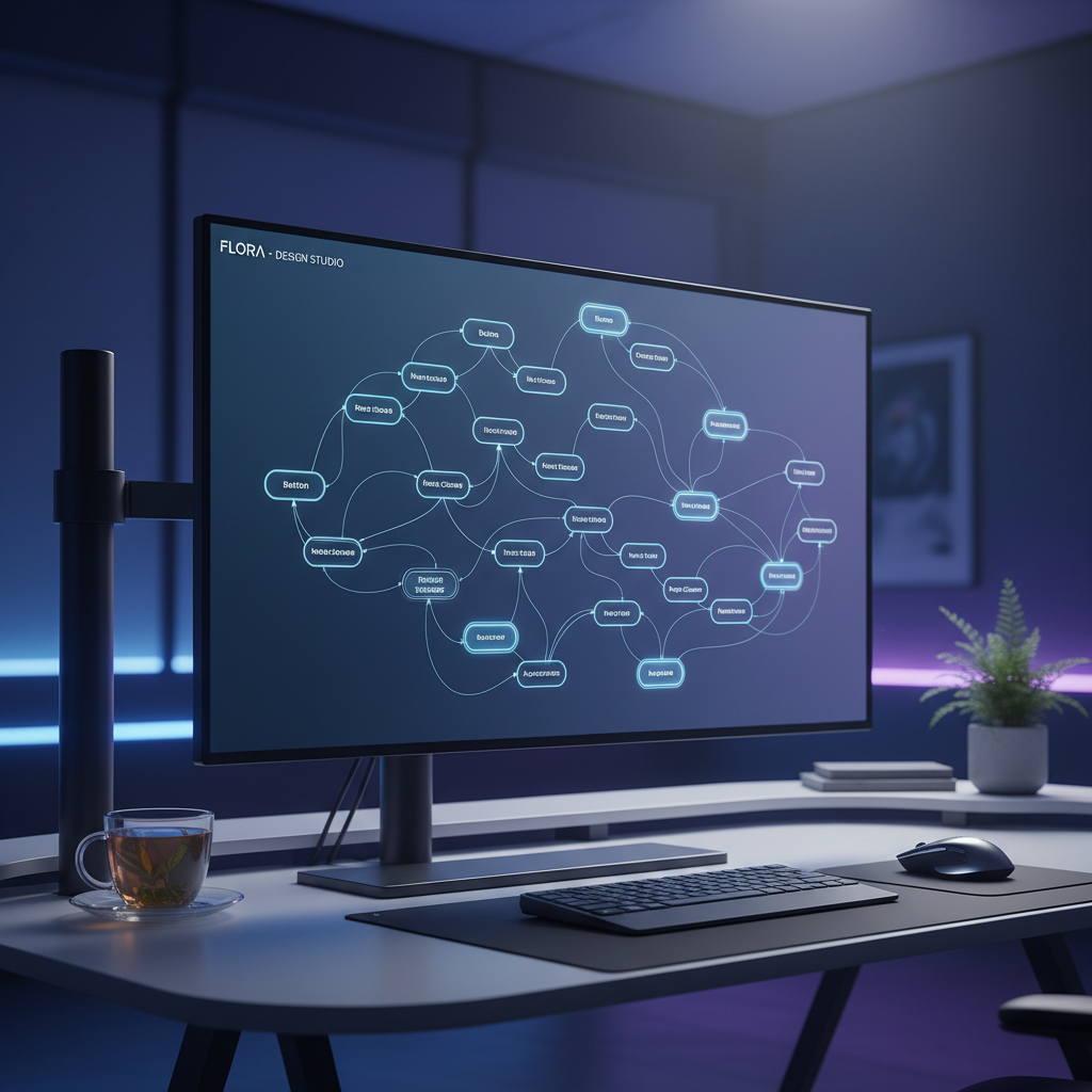 A sleek and modern node-based design tool interface named Flora, showing a web of interconnected design elements on a canvas, soft ambient lighting, high-tech creative workspace, professional aesthetic, 4:3
