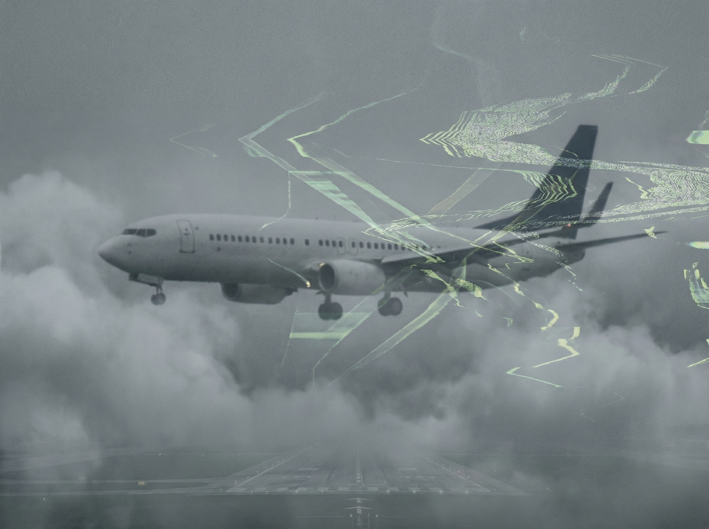 An airplane struggling to land in heavy cloud cover due to GPS jamming. The sky is grey and foggy, with distorted signal lines around the plane. Informational style, muted colors, aspect ratio 4:3, no visible text, no Korean text.