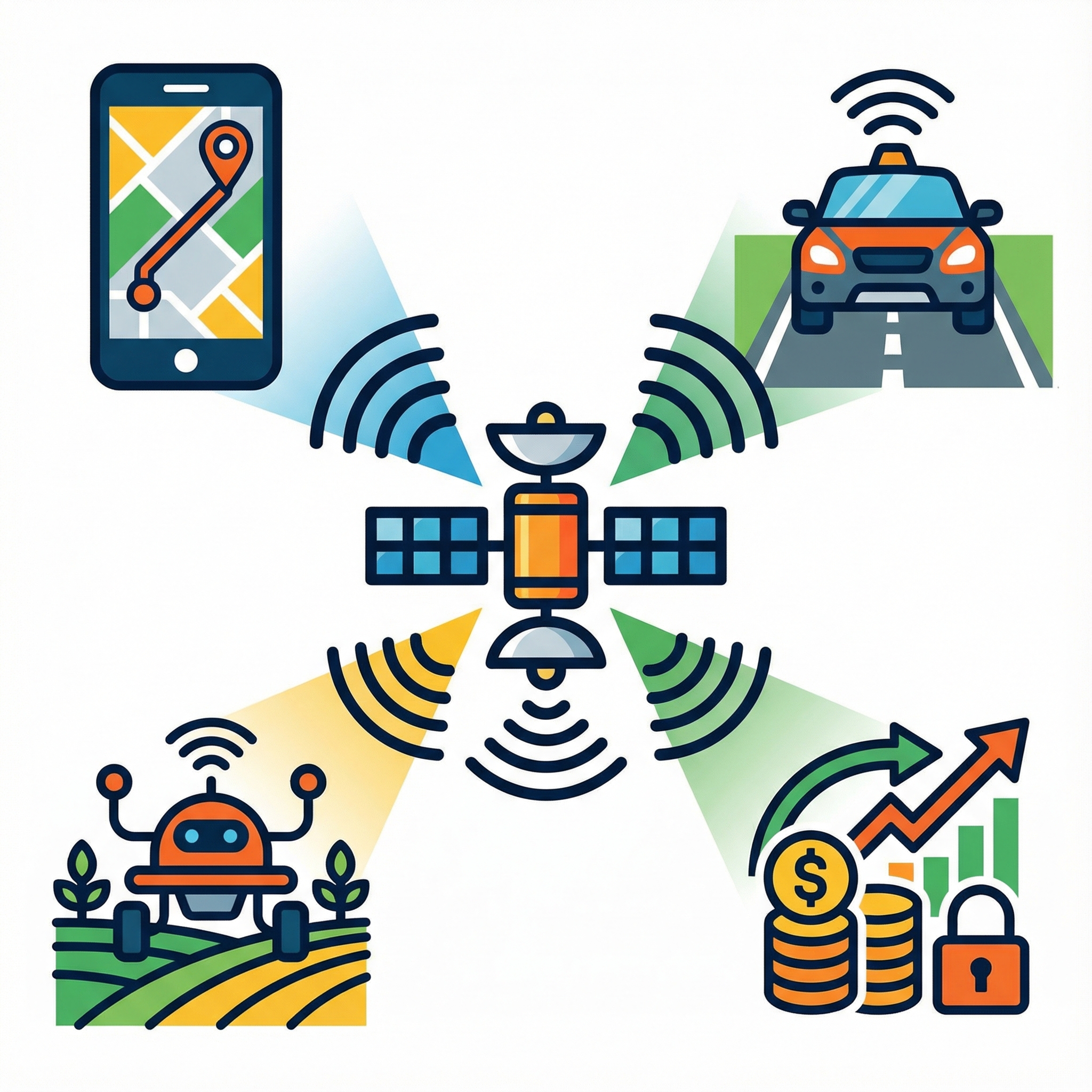 An infographic style image showing various technologies that rely on GPS signals, such as a smartphone with a map app, a self-driving car, a smart agricultural robot, and a financial transaction icon. Clean, modern layout, high contrast, aspect ratio 1:1, no visible text, no Korean text.