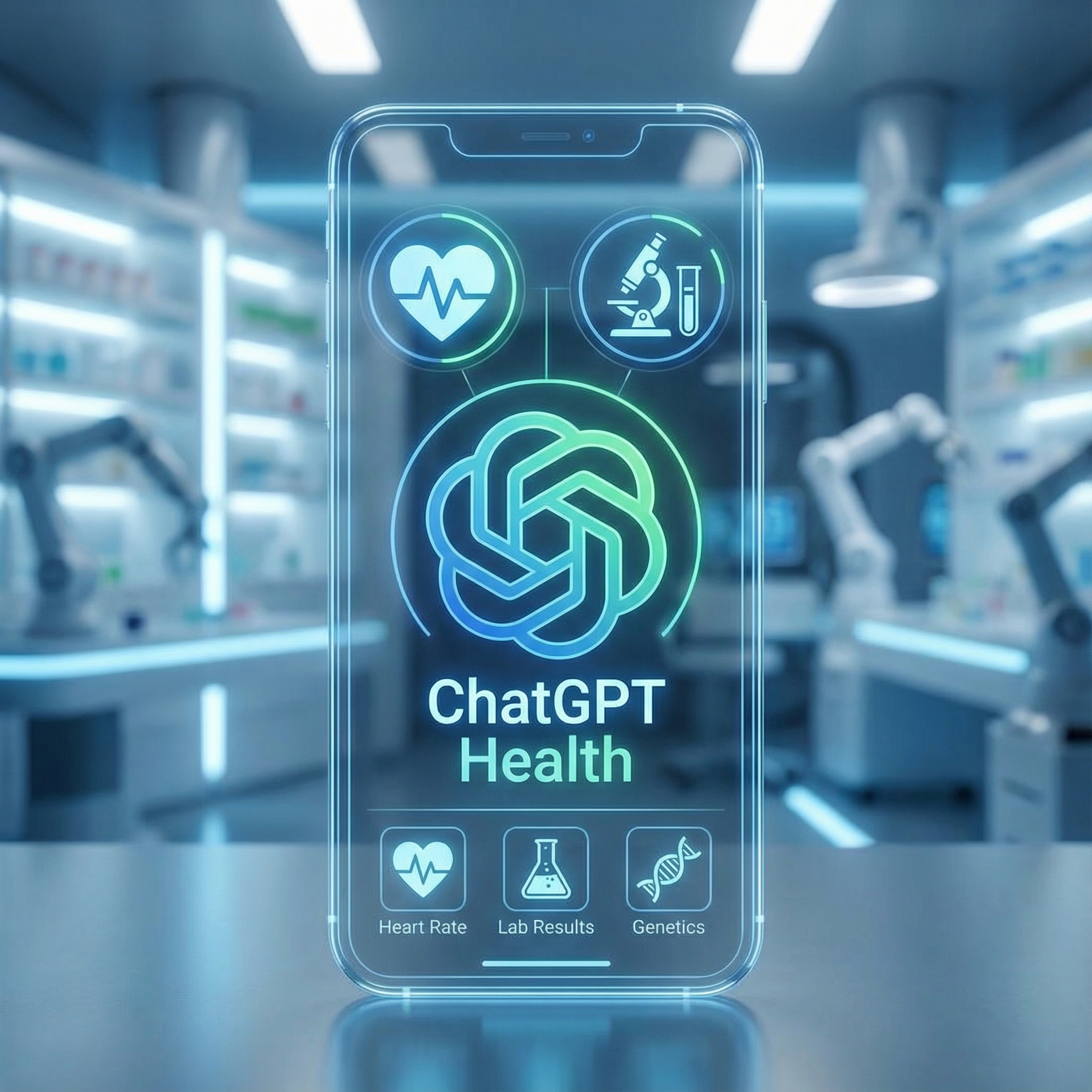 A futuristic smartphone screen displaying the ChatGPT Health logo alongside various digital medical icons like heart rate, lab results, and DNA strands. The background is a clean, modern medical laboratory setting with soft blue and white lighting, high-tech and trustworthy atmosphere, 1:1 aspect ratio, no text.