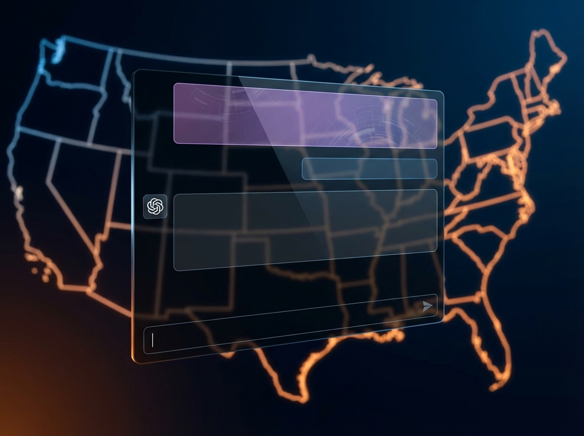 A clean and modern digital interface of an AI chatbot with a subtle tinted advertisement box placed above the text response. The background features a blurred map of the United States. High contrast, professional tech aesthetic, no text, 4:3 aspect ratio.