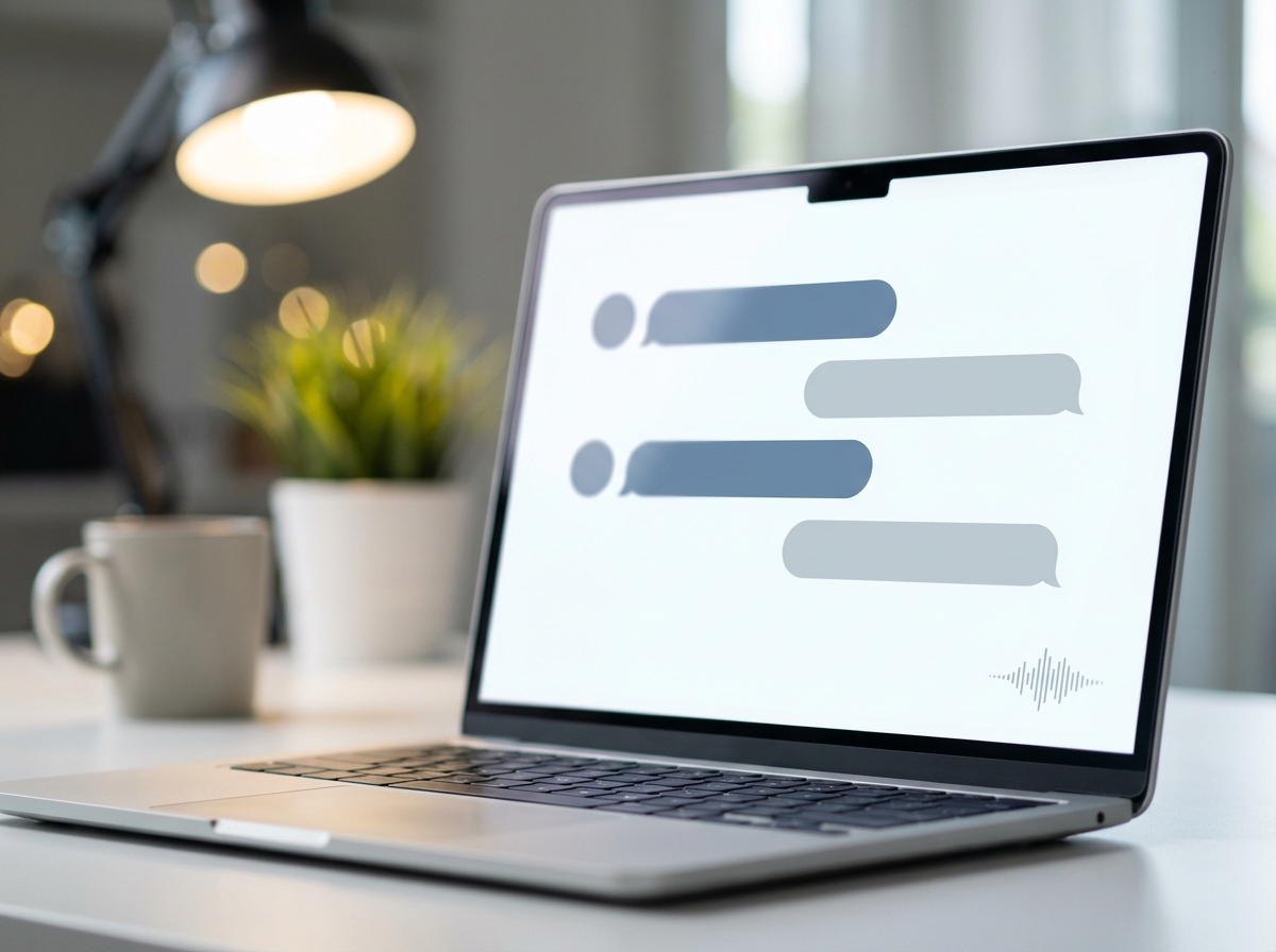 Close up of a sleek laptop screen displaying a clean AI chatbot interface, modern workspace background with soft bokeh, high quality realistic photography, aspect ratio 4:3, no text