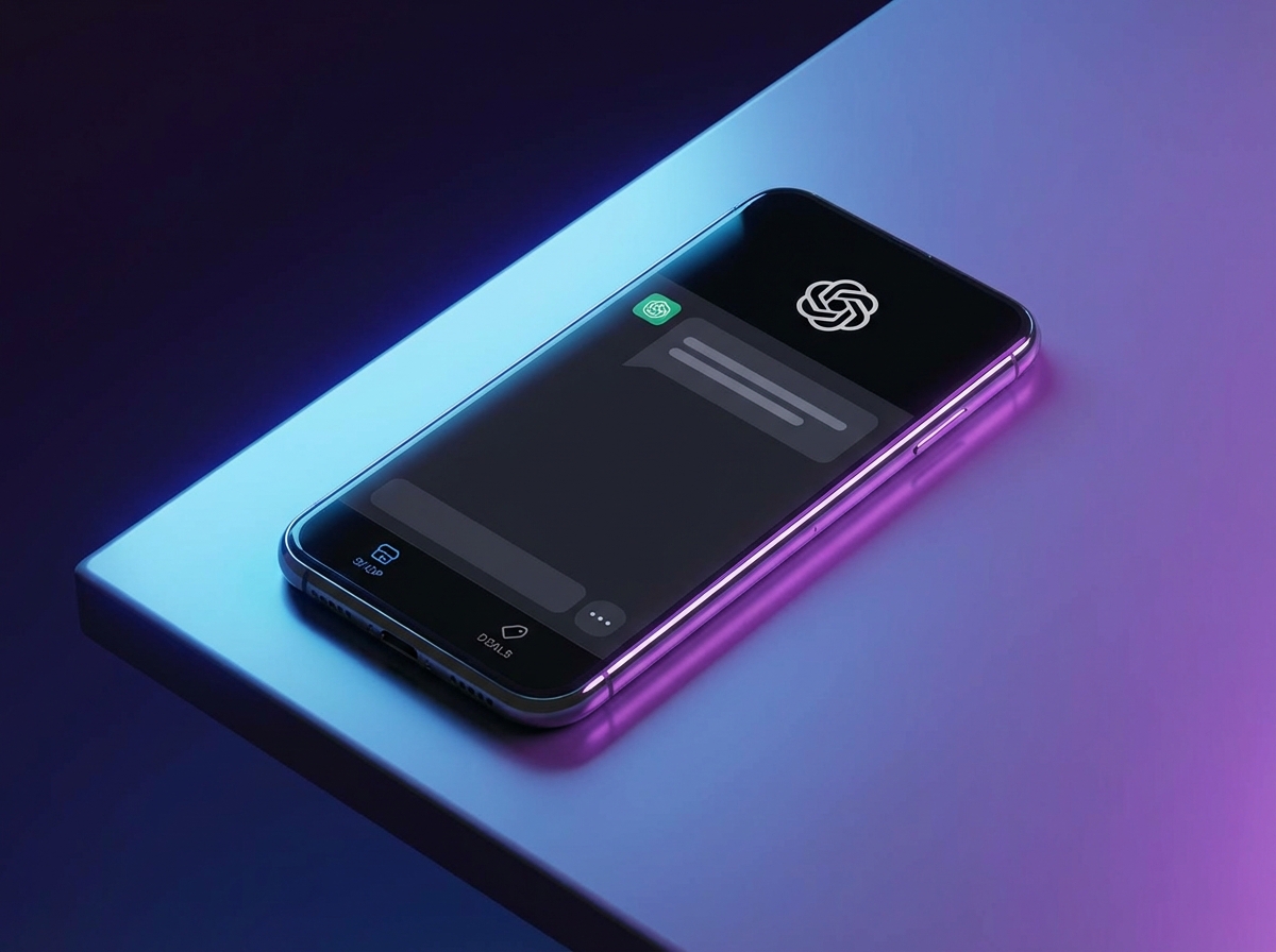 A sleek modern smartphone displaying the ChatGPT interface with subtle shopping links at the bottom, clean design, futuristic technology vibe, high resolution, 4:3, no text