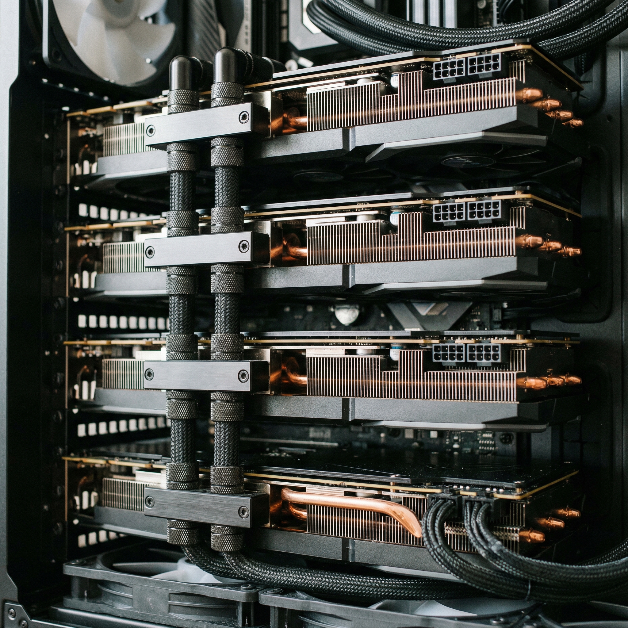 Close-up shot of a computer interior featuring four professional graphics cards with advanced cooling systems, high-quality components, realistic tech photography, 1:1 aspect ratio, no visible text