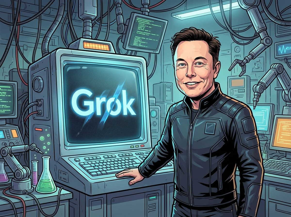 A satirical illustration showing Elon Musk standing next to a futuristic glowing AI terminal with the name Grok partially visible in a stylized way. The setting is a high-tech lab with a slightly chaotic atmosphere. Musk has a confident expression. High quality, 4:3 aspect ratio, no text.