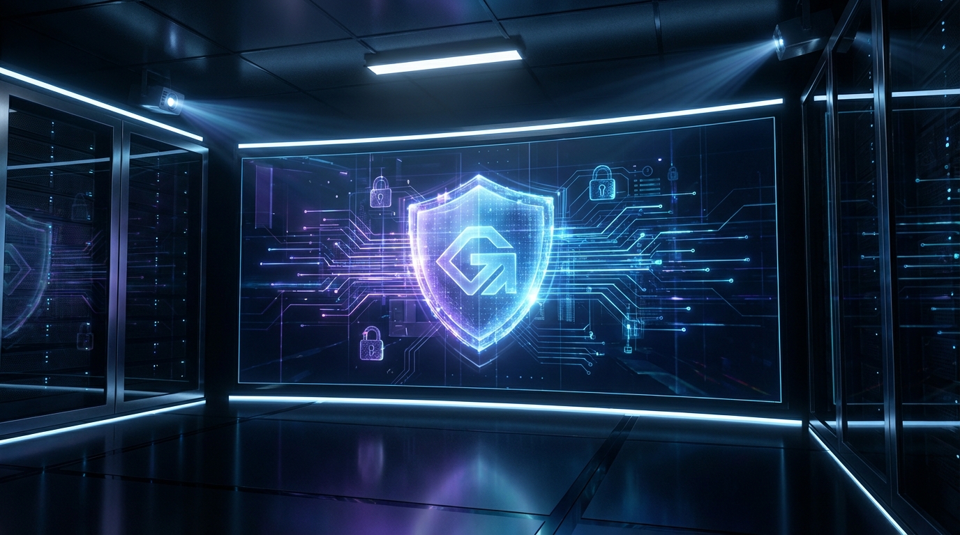 A sleek and modern 3D visualization of an artificial intelligence interface with a focus on security and digital safety. The Grok logo style is subtly integrated into a glowing holographic shield. High contrast, cinematic lighting, futuristic technology aesthetic, 16:9 aspect ratio, no visible text.